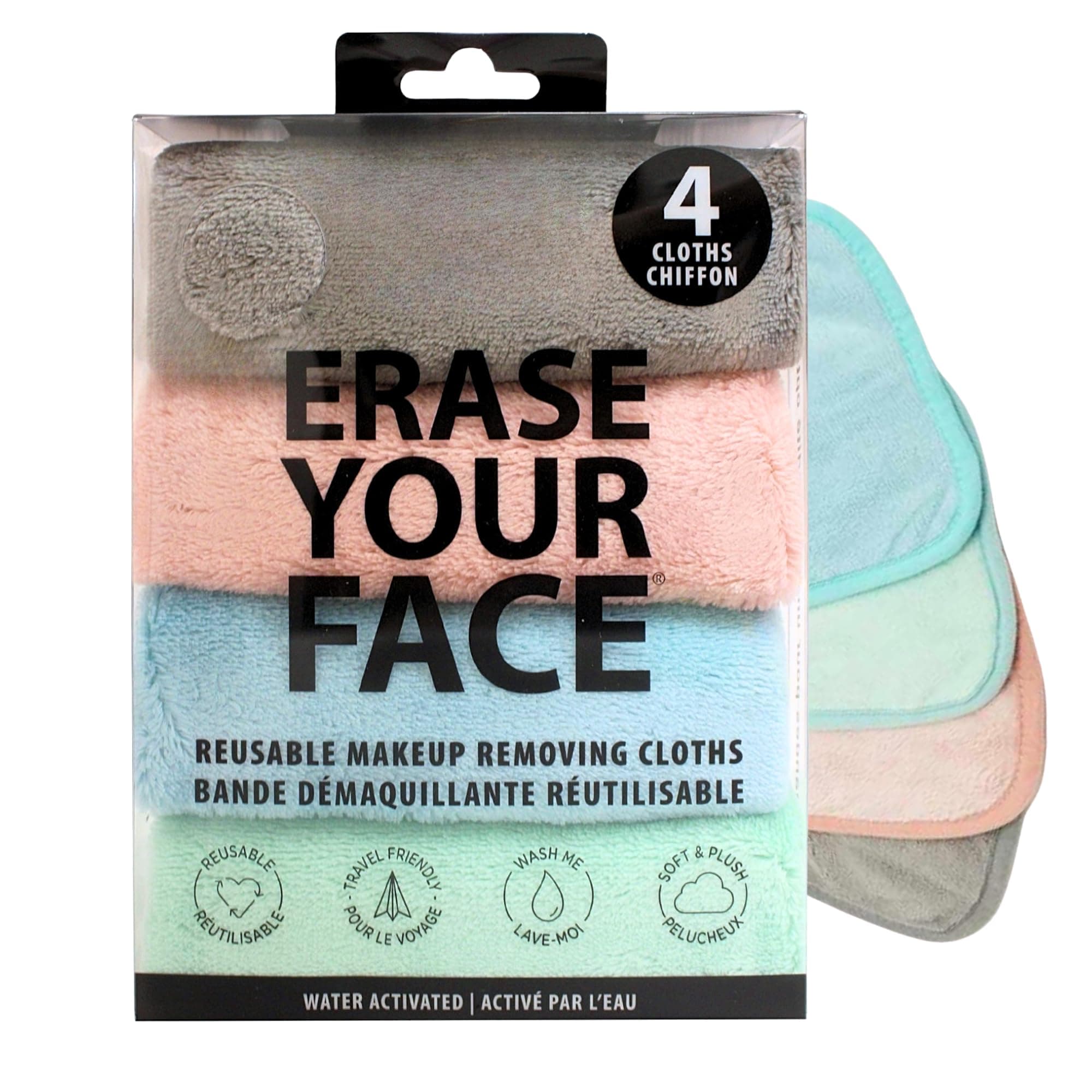 Danielle Creations Erase Your Face Eco Friendly Reusable Make Up Remover Cloths- - Multipack Box of 4 Pastel