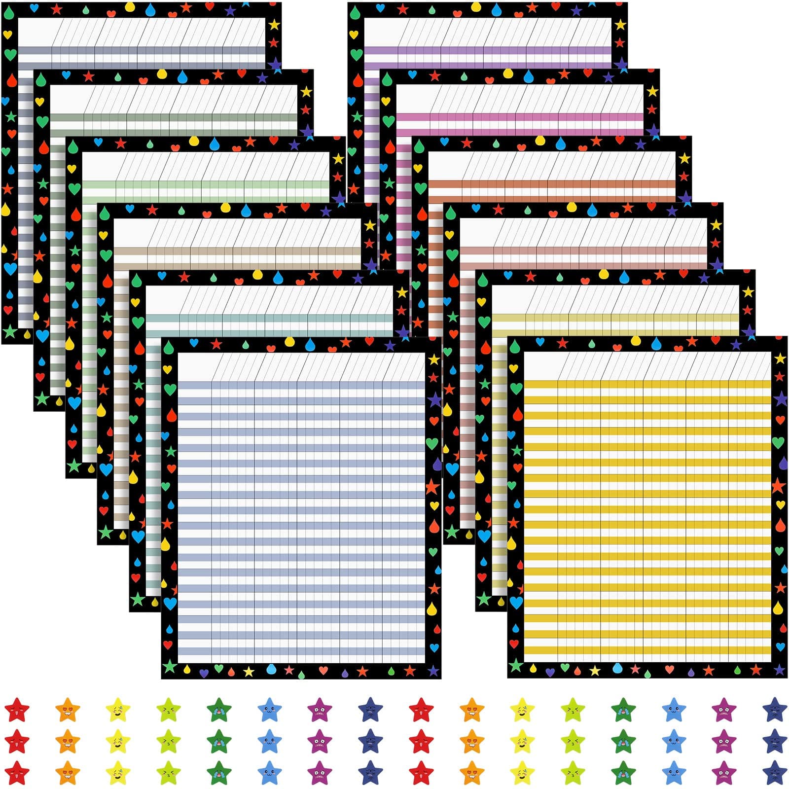 Ctosree 12 Pcs 17"x 22" Incentive Chart Multicolor Laminated Dry Erase Reward Chores Chart with 5 Pcs Reward Sticker(Novelty Style,Black Background)