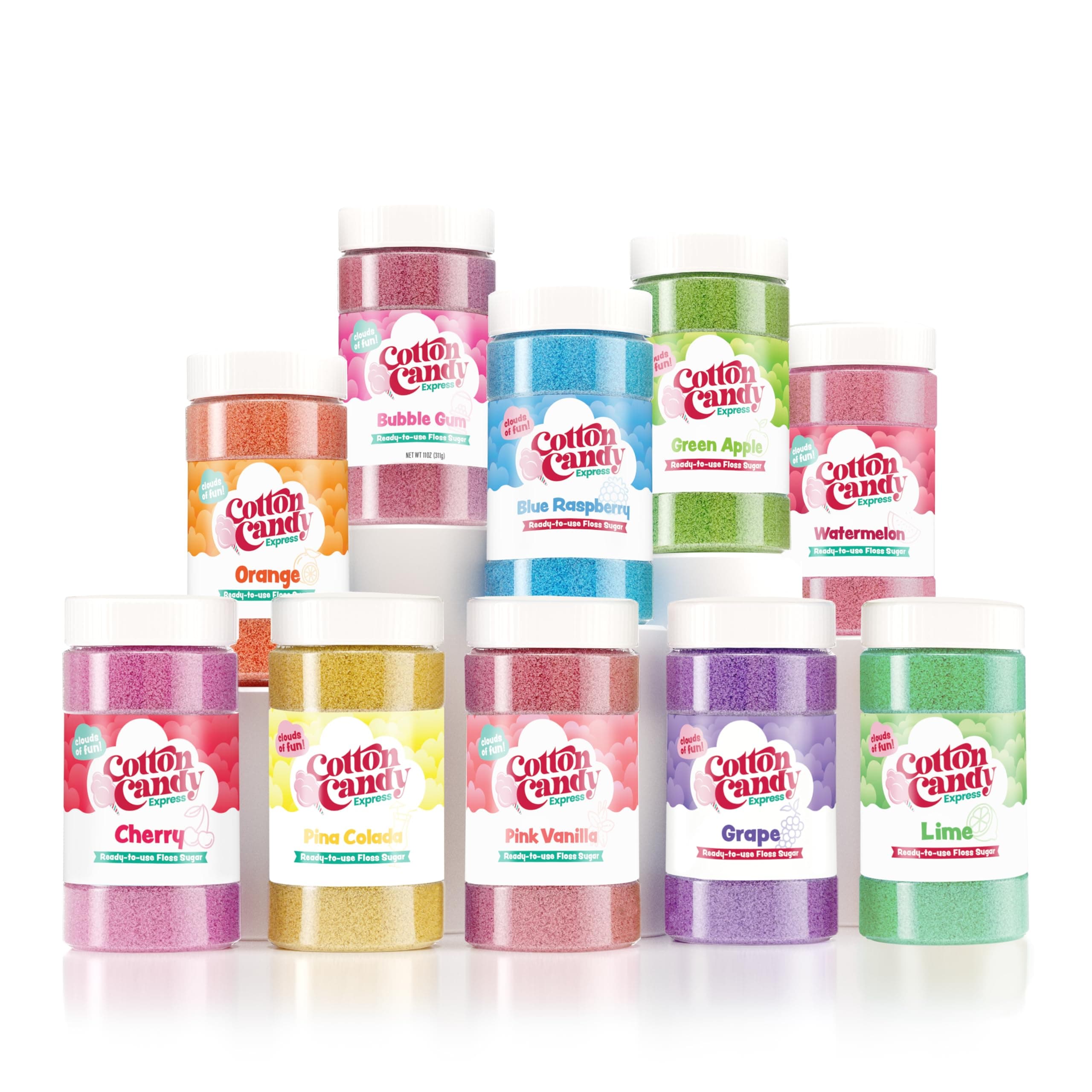 Cotton Candy Express Floss Sugar Variety Pack, 10-11oz Plastic Jars of Pina Colada, Orange, Bubble Gum, Grape, Chocolate, Green Apple. Blue Raspberry, Cherry, Pink Vanilla, & Banana