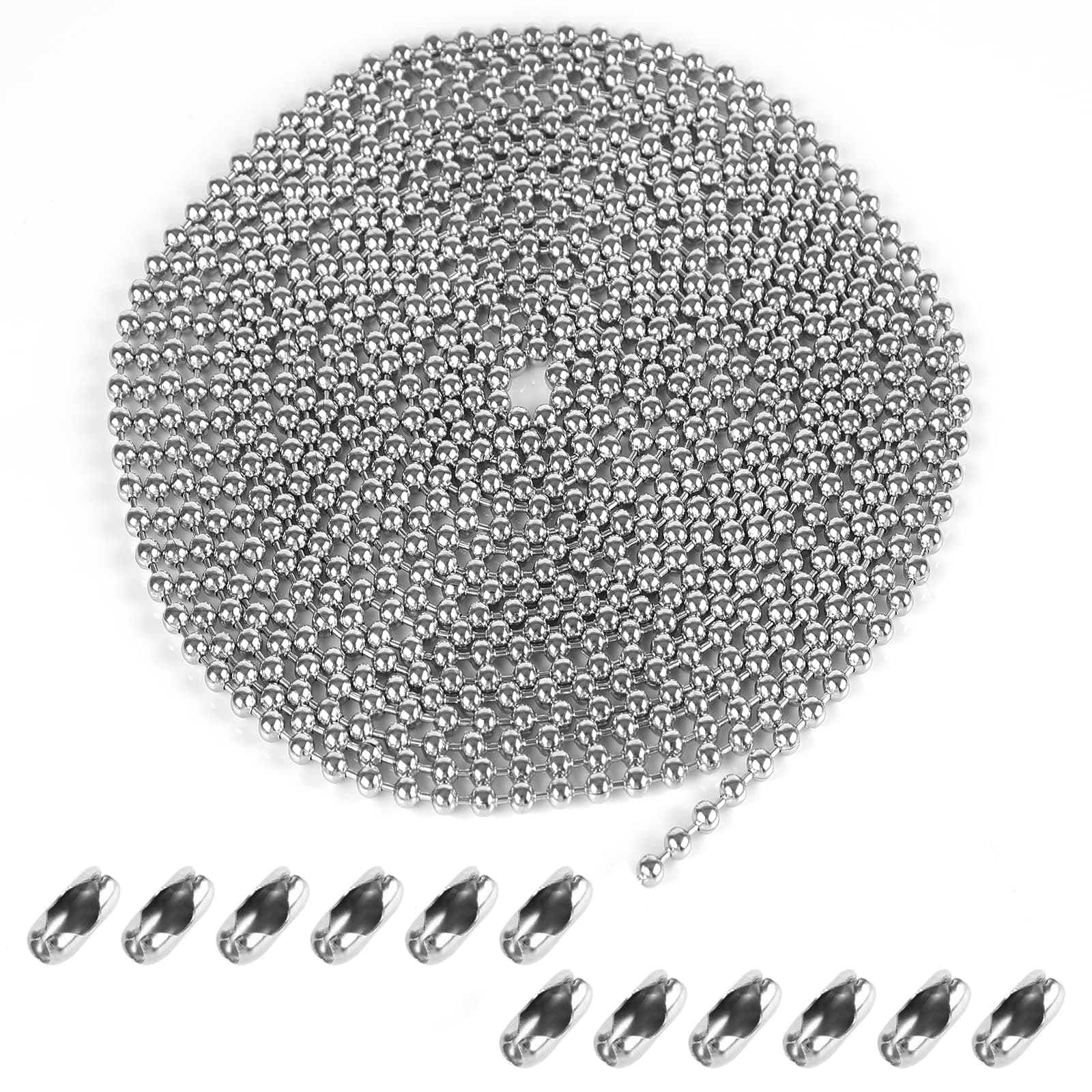 Roller Blind Chain 6 Meter/19.69 Feet, 4.5mm Blind Beads, Rust-proof Silver Blind Cord Replacement, with 12pcs Chain Connectors