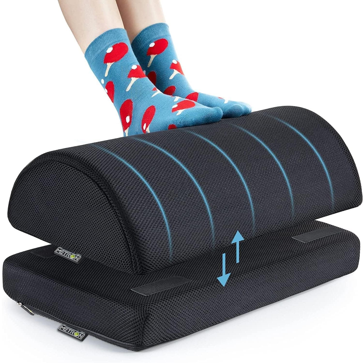 METRON Dual-Height Under-Desk Foot Rest: 2 Height Settings (5" and 7") for Added Elevation | Ergonomic for Office Chairs | Leg Cushion for Under-Table Support | Washable Cover | Pack of 1