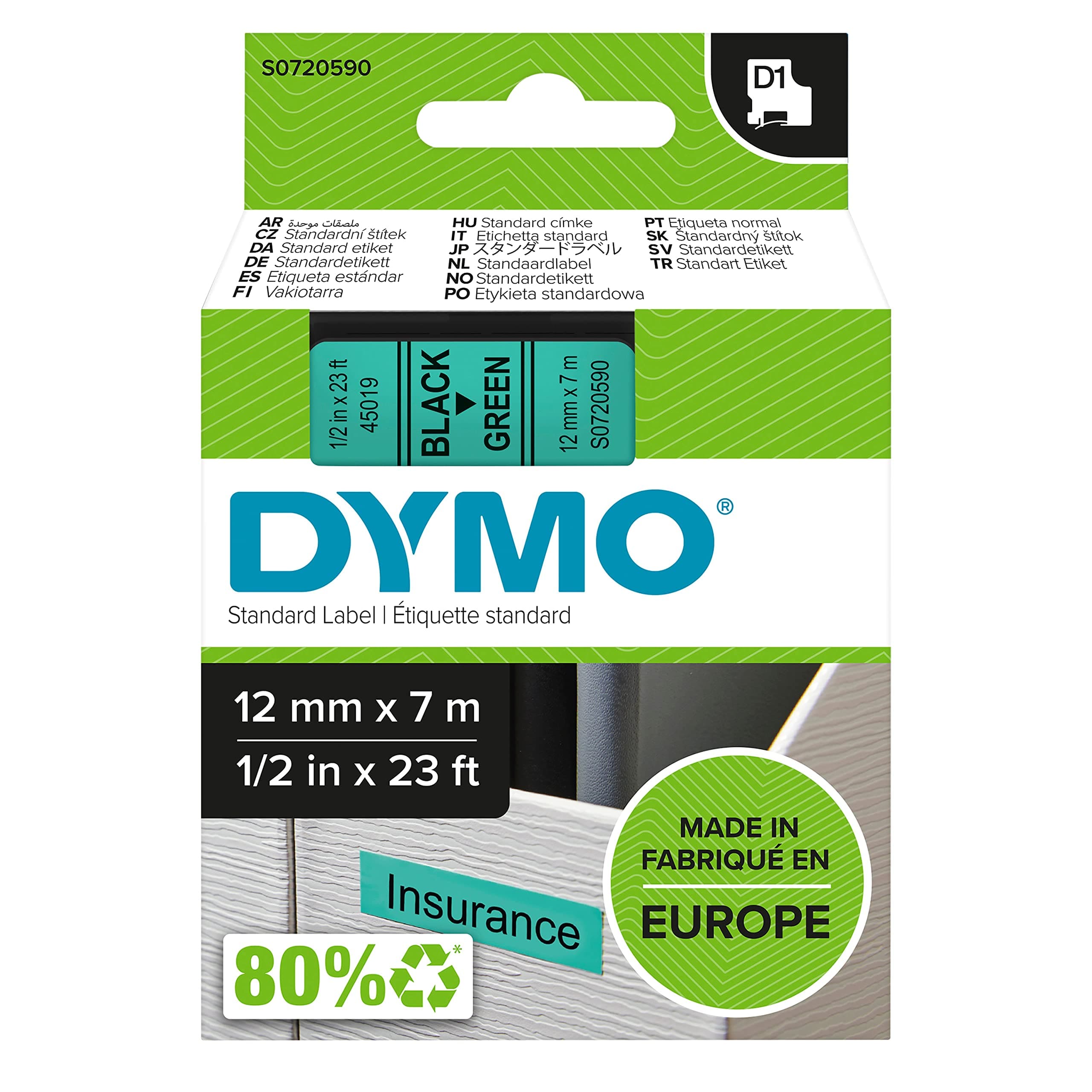 DYMO Authentic D1 Labels, 12mm x 7m Roll, Green Print on Black Tape, Self-Adhesive Labels for LabelManager and MobileLabeler Label Printers