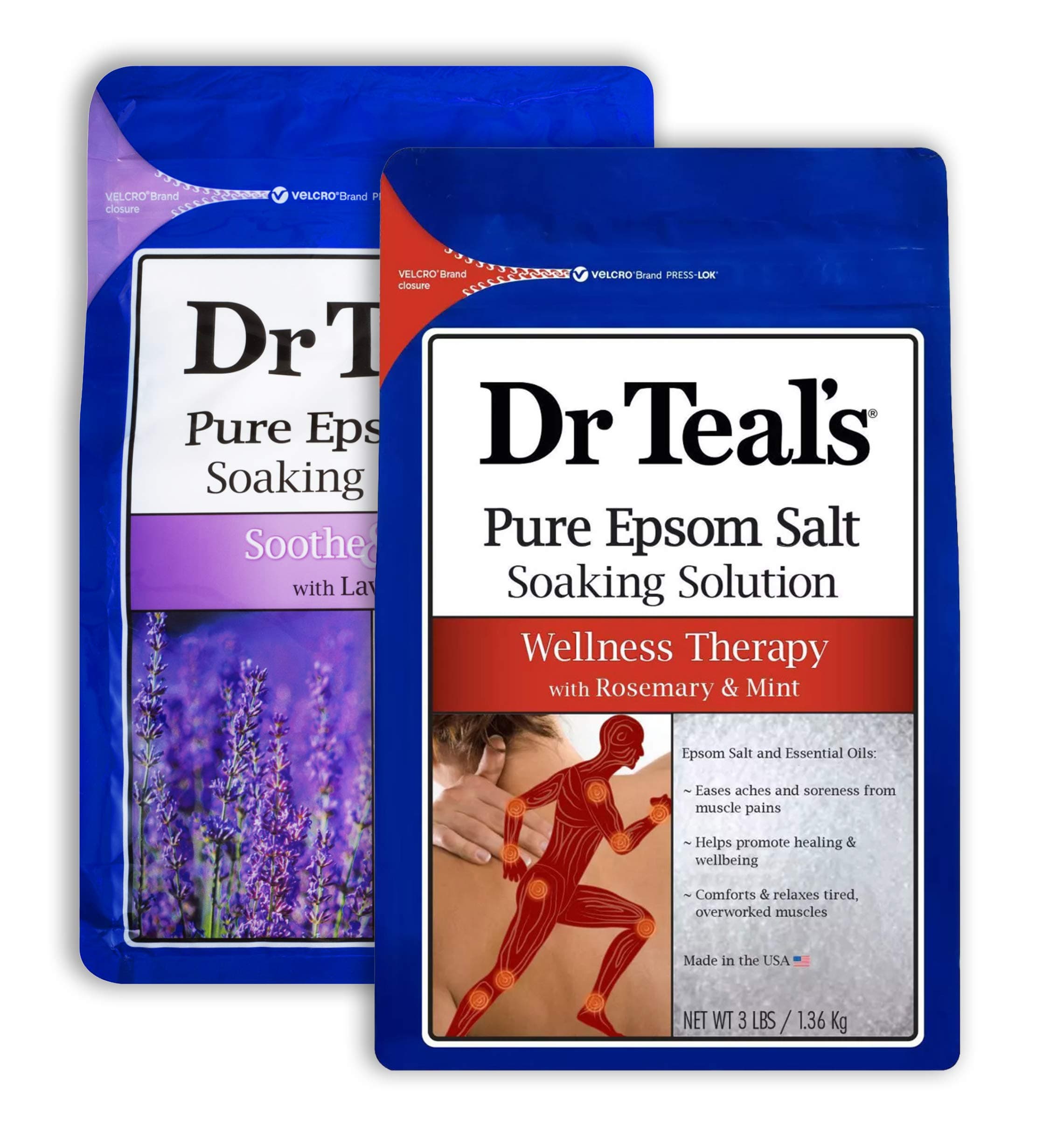 Dr Teal's Epsom Salt Bath Combo Pack (6 lbs Total), Soothe & Sleep with Lavender, and Wellness Therapy with Rosemary and Mint