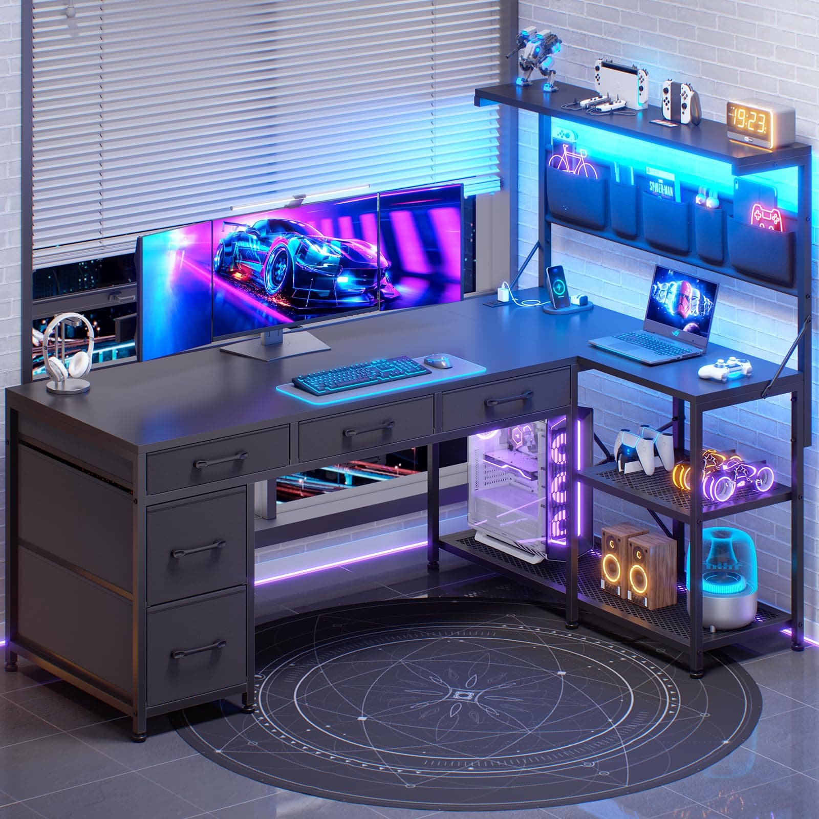 SEDETA L Shaped Gaming Desk, 47.2" Reversible Small Computer Desk with 5 Drawers and Storage Shelves, Corner Gaming Desk with LED Lights and Power Outlet, Black