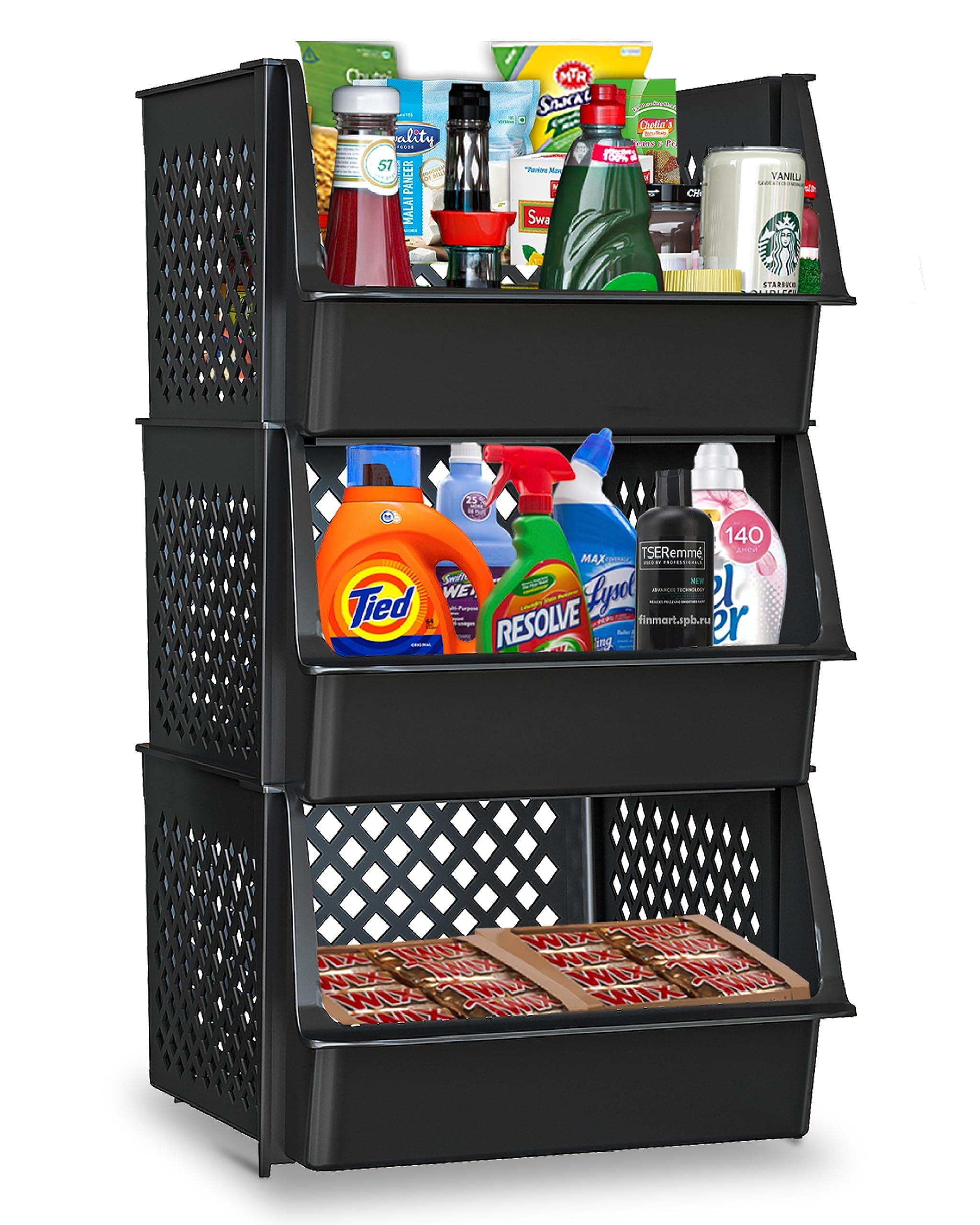 TidyFriend Large Plastic Stackable Storage Bins for Pantry, 3 Pack Stackable Bins For Organizing Kitchen and Bathroom Essentials (Black)