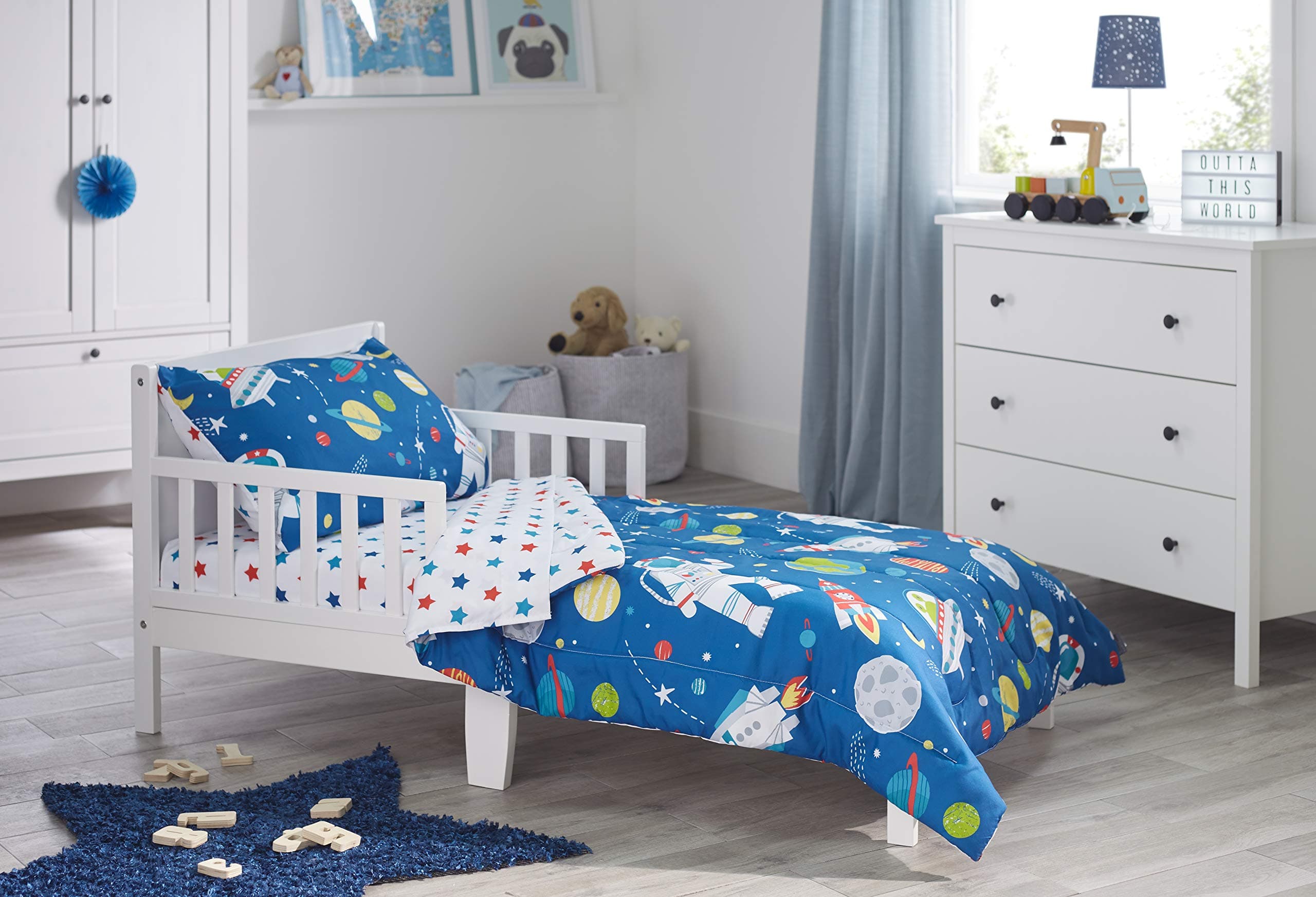 Bloomsbury Mill4 Piece Toddler Comforter Set - Outer Space, Rocket & Planet - Blue - Kids Bedding Set