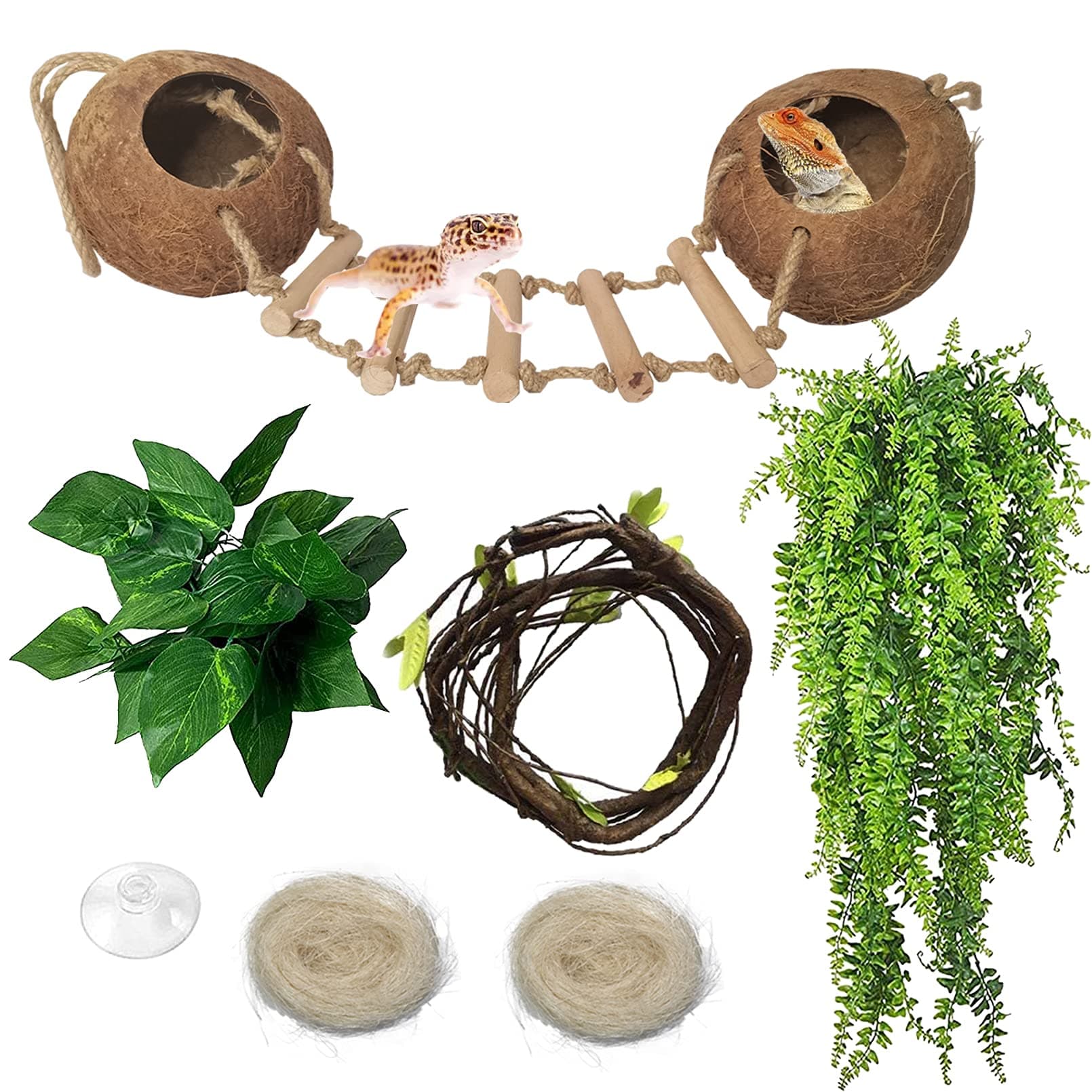 Gecko Coco Den Reptile Hideouts, Raw Coconut Husk Hut for Leopard Gecko, Sturdy Hanging Home, Climbing Porch, Hiding, Sleeping & Breeding Pad