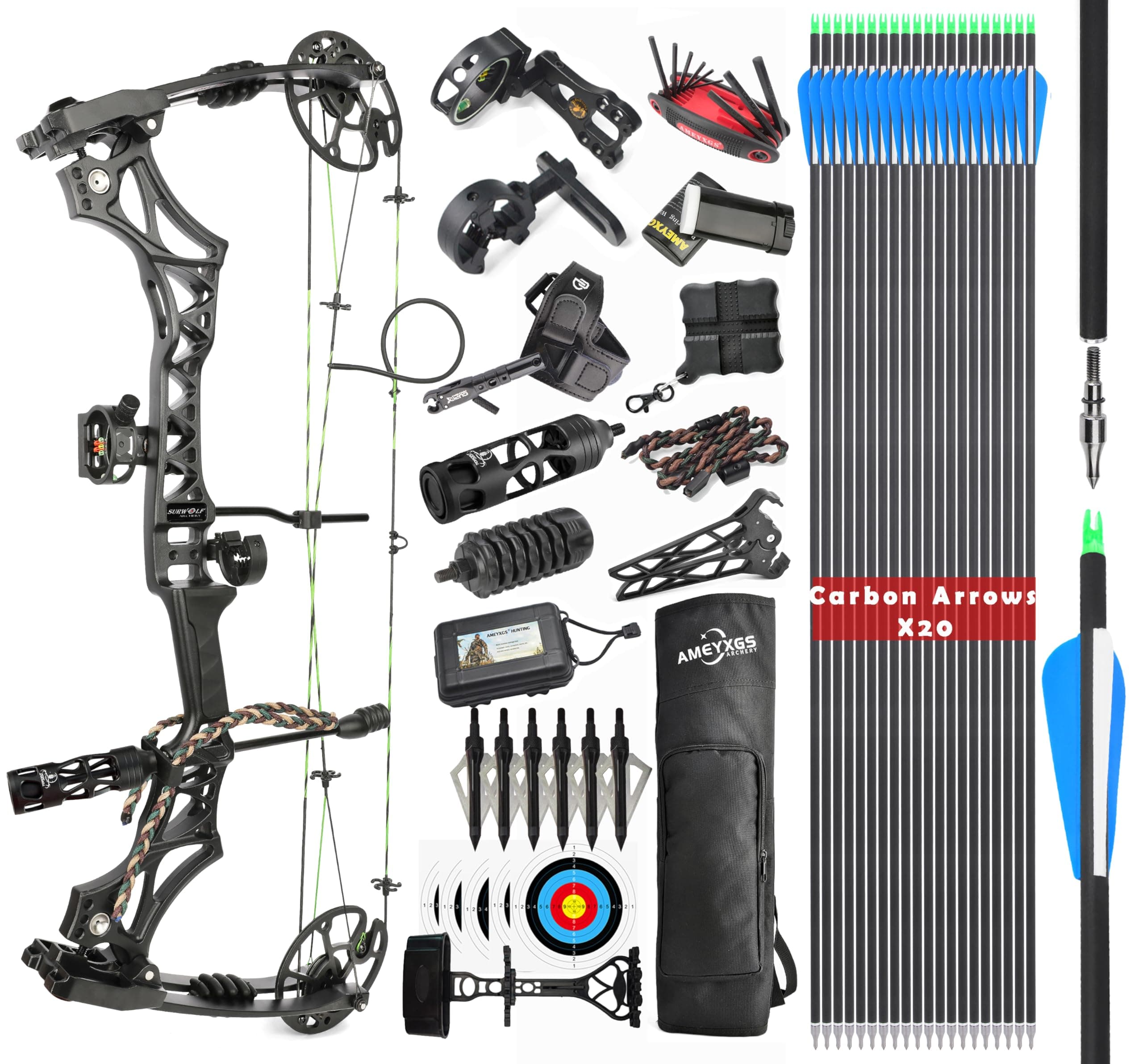 Compound Bow Kit, Hunting and Target, Limb Made in USA,Draw Weight 30-70 lbs Adjustable, Draw Length 19-31",up to IBO 320FPS Speed, Package with Archery Hunting Accessories