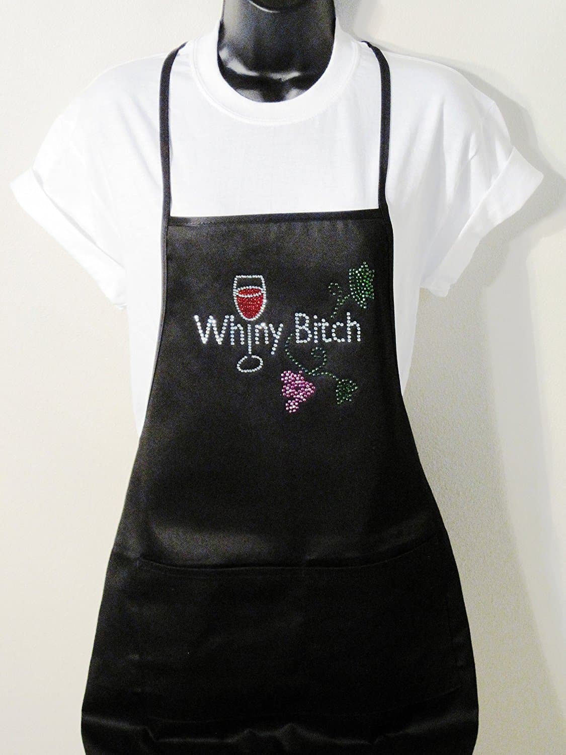 Classic Black Apron - "Whiny Bitch" - Rhinestone - Poly Blend Two Pocket Apron