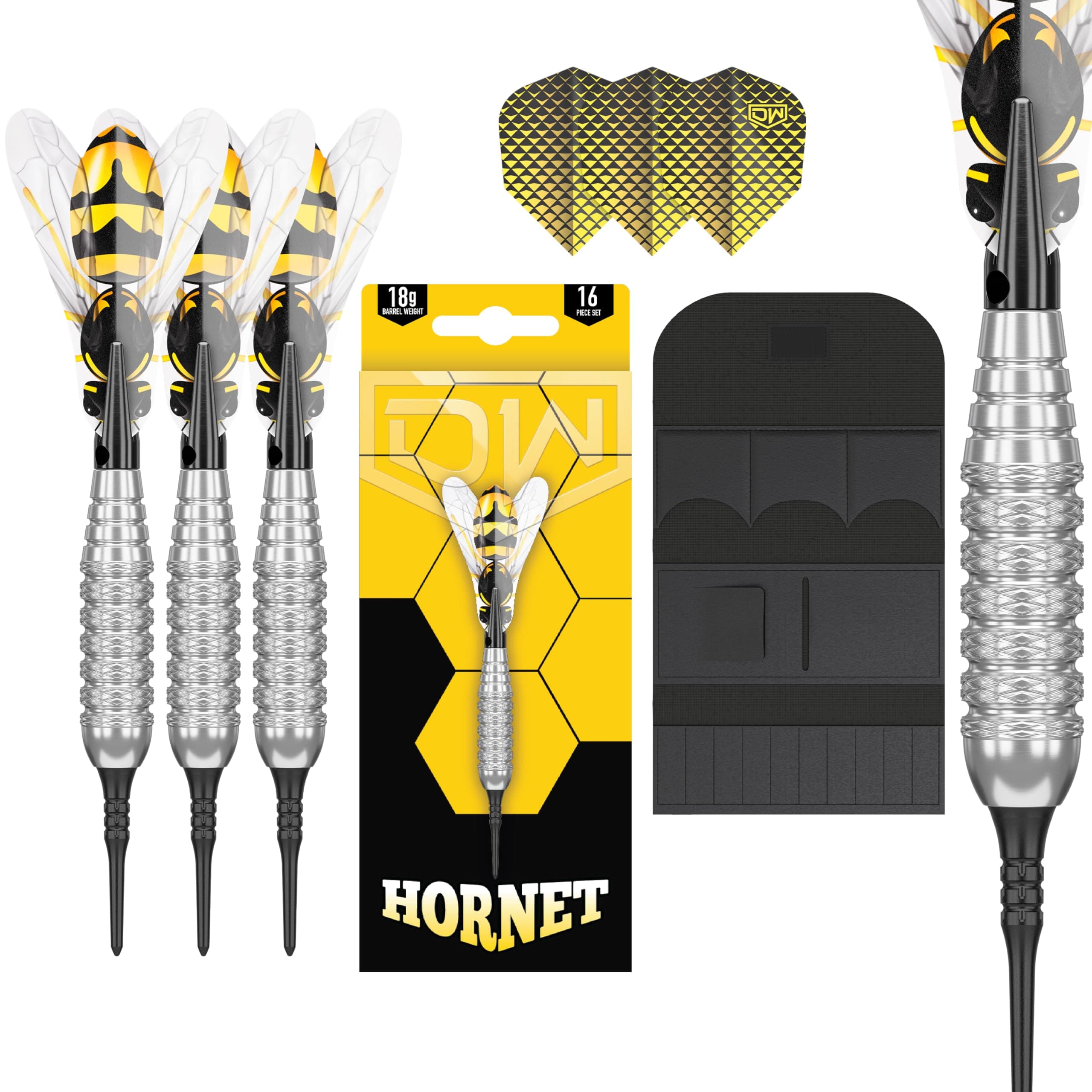 Dart World Hornet Brass Soft Tip Darts, 18G | Pixel Tip Dart Set with Spare Flights and Storage Case Wallet, Plastic Tips, Fun Darts Gift Set, Torpedo Dart Barrels, Professional Darts Accessories