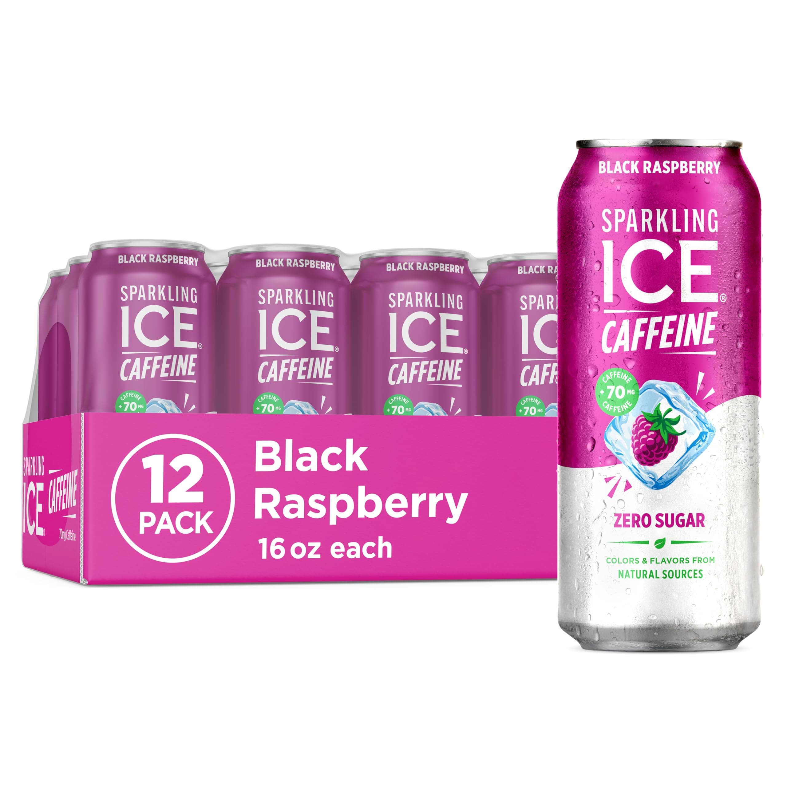 Sparkling Ice +Caffeine Black Raspberry Sparkling Water, with Antioxidants and Vitamins, Zero Sugar, 16 fl oz Cans (Pack of 12)