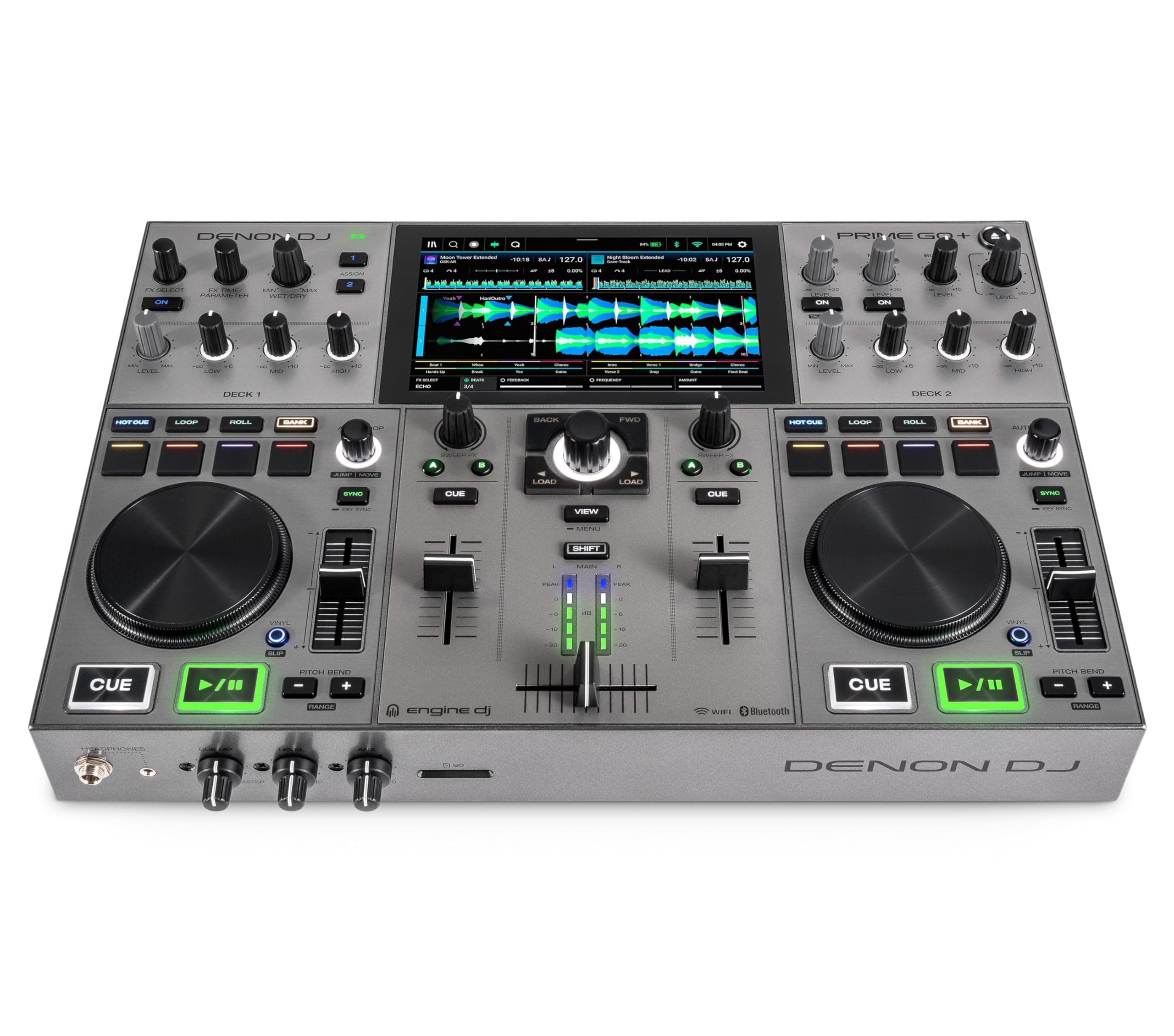 PRIME GO+ Portable DJ Controller and Mixer with Stem Separation, 2 Decks, Wi-Fi Streaming, Bluetooth, Lights Control, 7" Screen and Battery