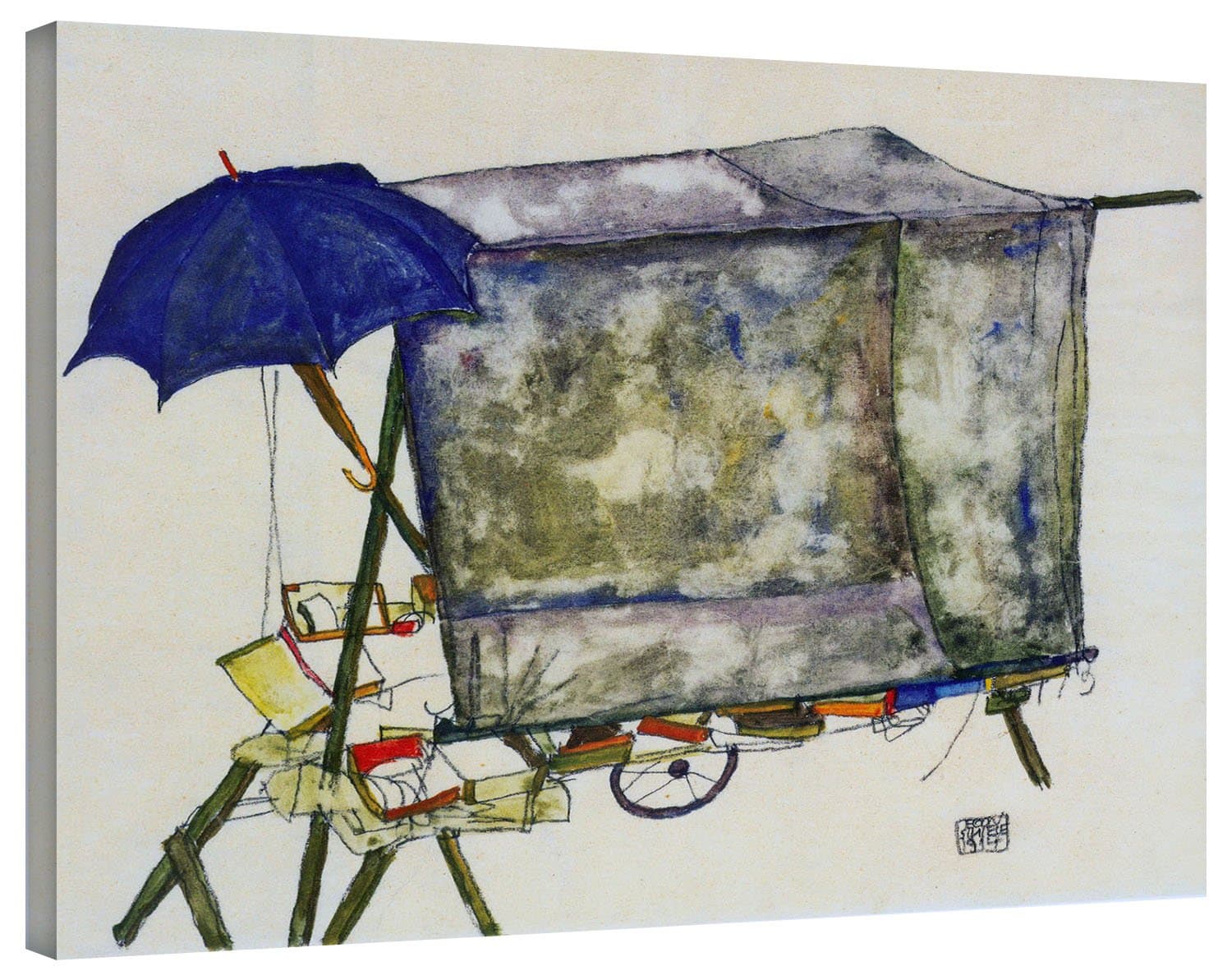 Blue Umberalla by Egon Schiele Framed Stretch Canvas Wall Art Home Decor