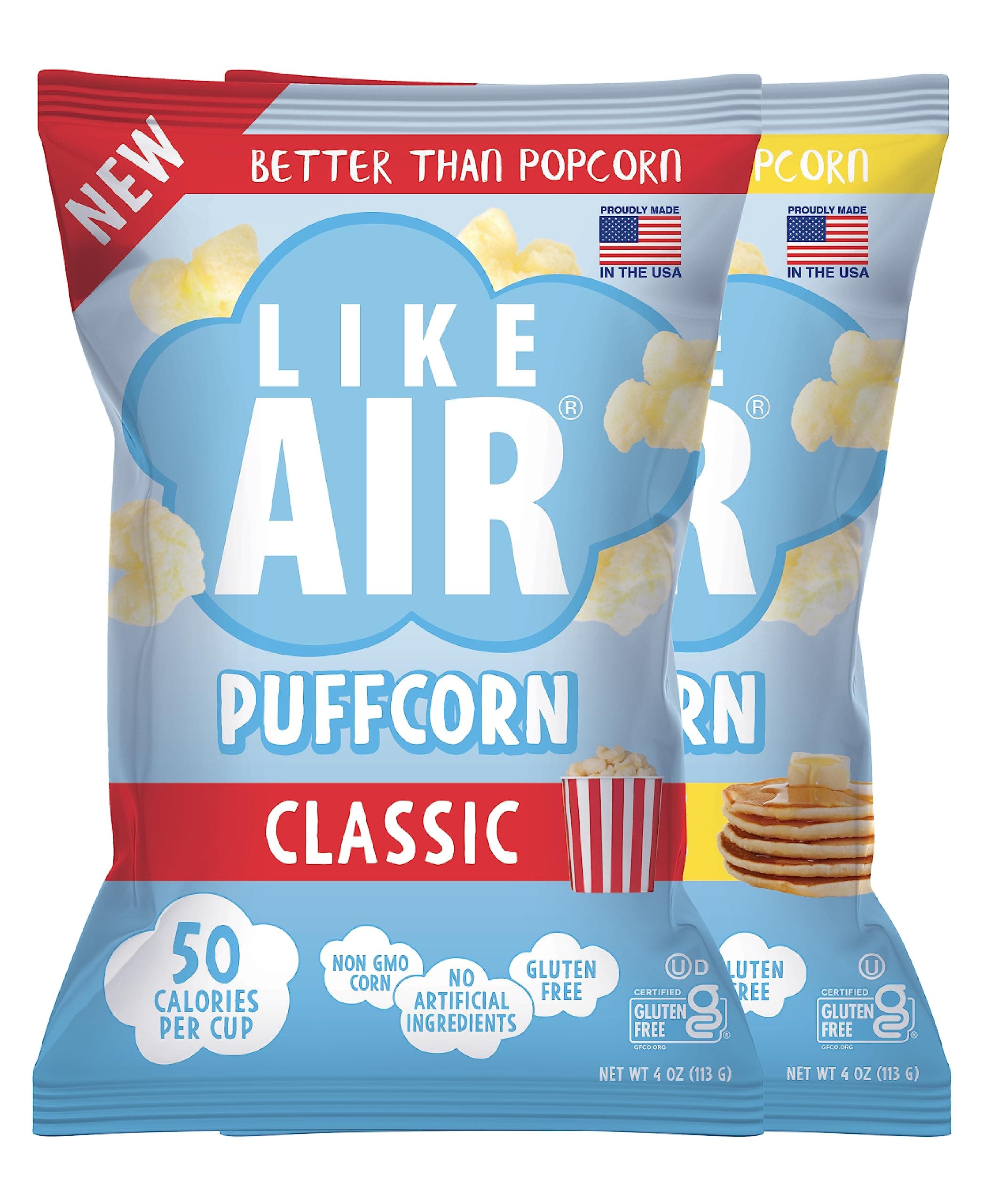 Puffcorn (Combo Pack: Classic & Pancake) | 2 4oz Bags | 50 Calories Per Cup | Gluten Free | Nothing Artificial