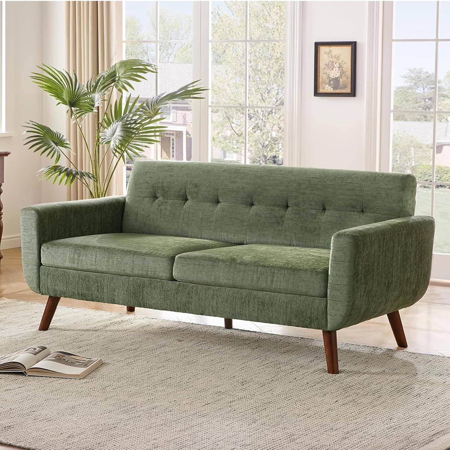 77.2" W Linen Sofa Couch, Mid Century Modern Decor Loveseat Couches for Living Room, Button Tufted Upholstered Small Couch for Bedroom, Solid, and Easy to Install Love Seats Furniture, Green | linen fabric, button tufted, solid wood foot, pocket spring, wood slats frame