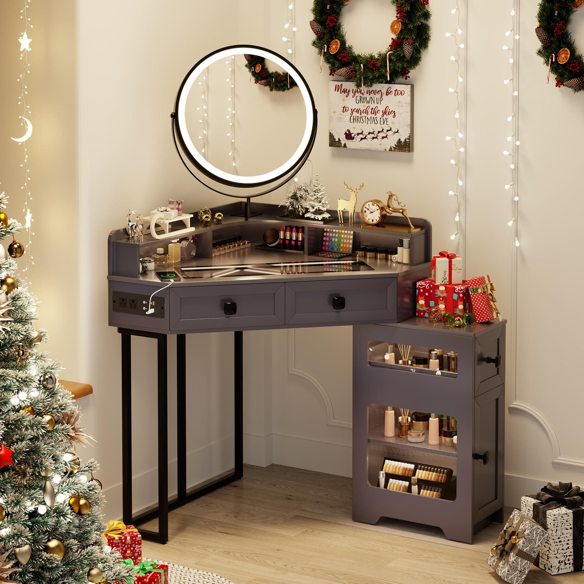 Corner Vanity Desk with Mirror and Lights, Modern Makeup Vanity with Charging Station & Human Sensor Light, Glass Top Dressing Table with 4 Drawers & Shelves for Bedroom (Grey)