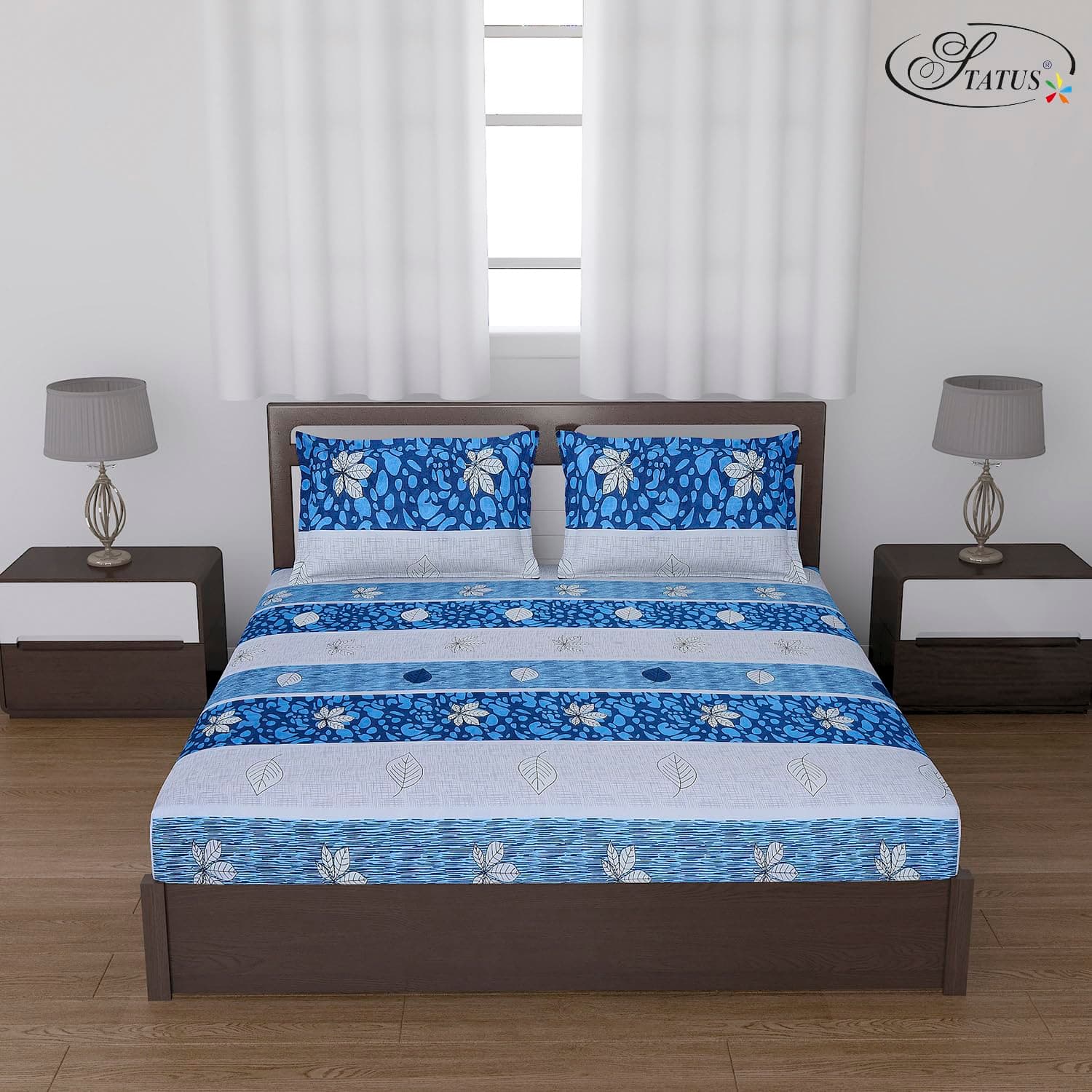 Status Contract Cotton Rich Double Bedsheet with 2 Pillow Covers for Bed Room, Home, Hotel-120 GSM (Blue Stripes)