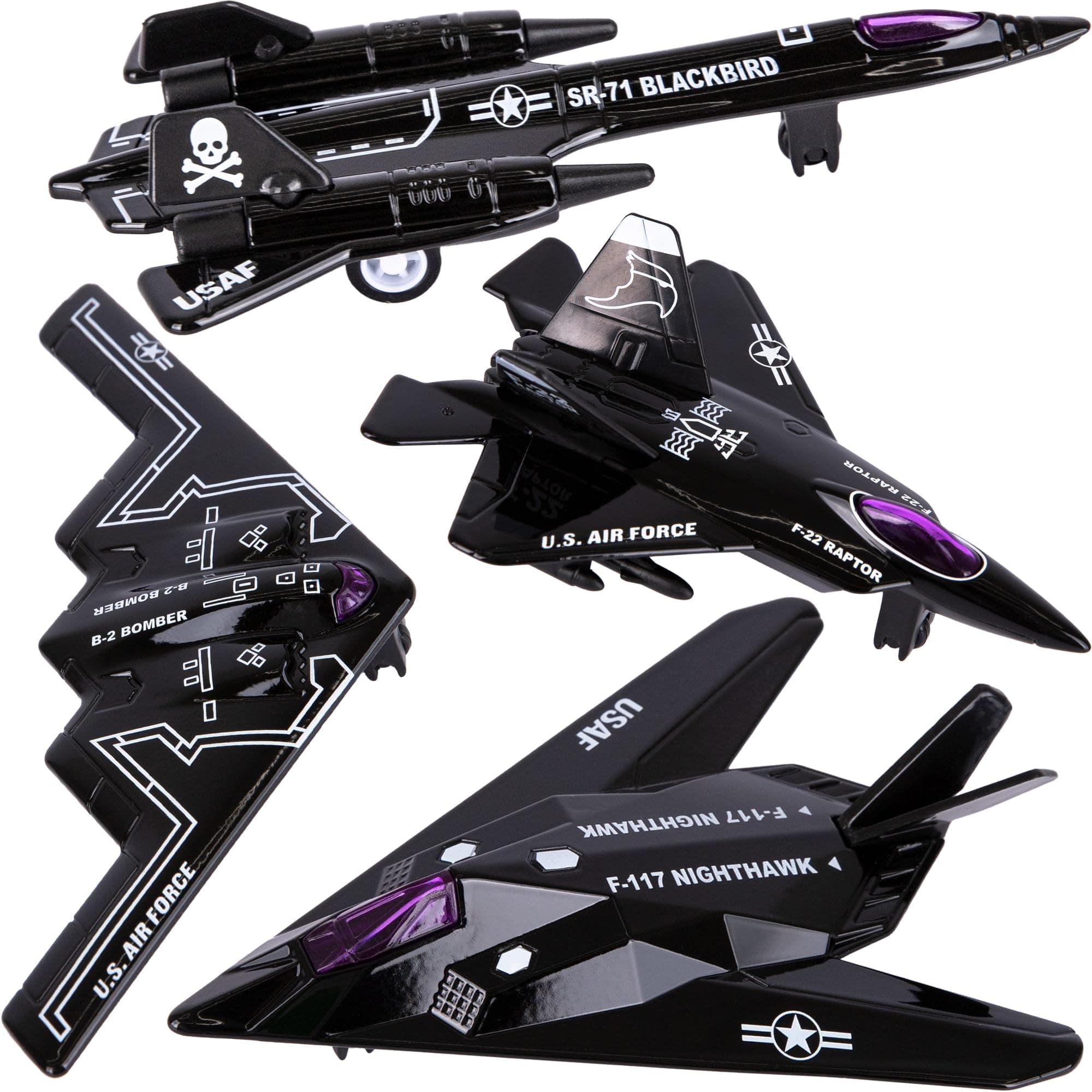 ArtCreativity Diecast Stealth Bomber Toy Jets with Pullback Action, Diecast Metal Jet, Airplane Toys, B-2 Bomber, SR-71 Blackbird, F-22 Raptor and F-117 Nighthawk, Military Toys for Kids