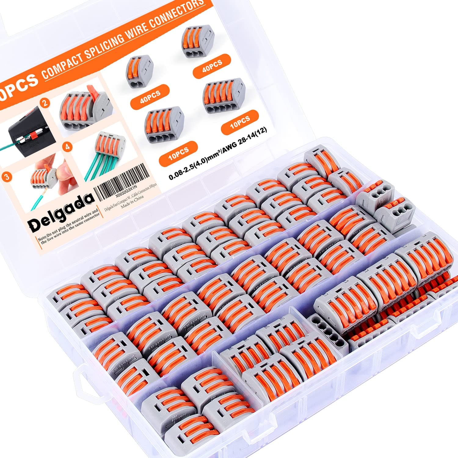 Delgada Compact Lever Wire Connector kit,100PCS Reusable 2/3/4/5 Port Push-in Nut Conductor Wiring Terminals kit for Stranded Solid&Flexible Wires,Universal Quick Splicing Wire Connectors