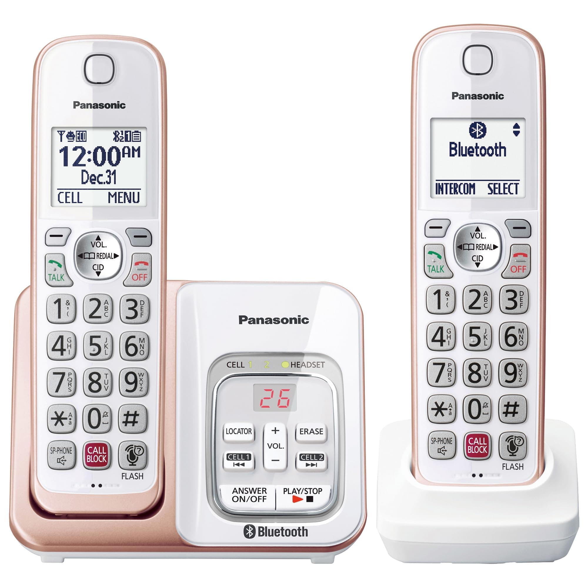 Cordless Phone with Link2Cell Bluetooth, Voice Assistant, Answering Machine and Call Blocking, Expandable System with 2 Cordless Handsets - KX-TGD862G (Rose Gold)