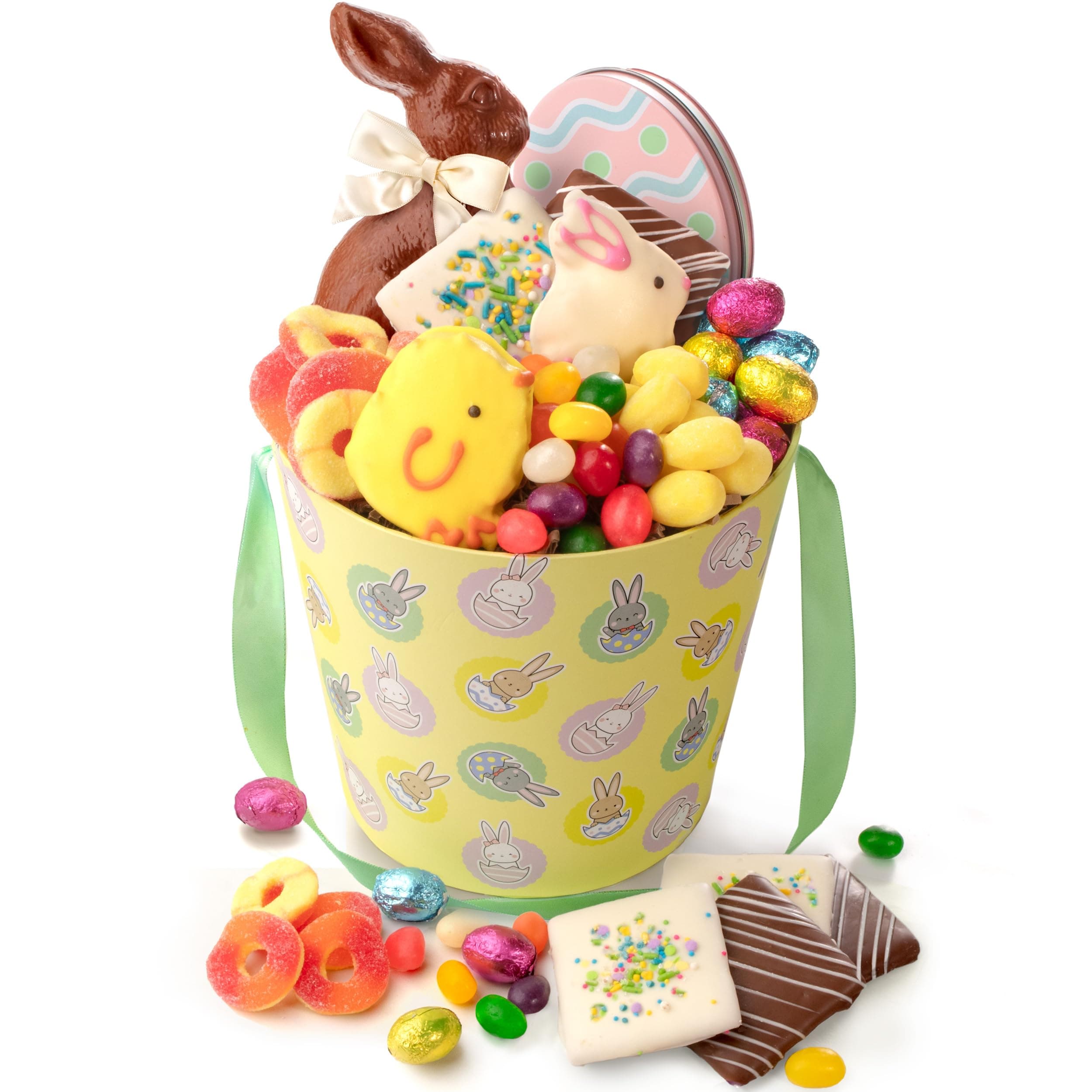 Easter Basket for Kids with Chocolate Bunny, Cookies, Jelly Beans & Gummies in Keepsake Easter Themed Pail by A Gift Inside