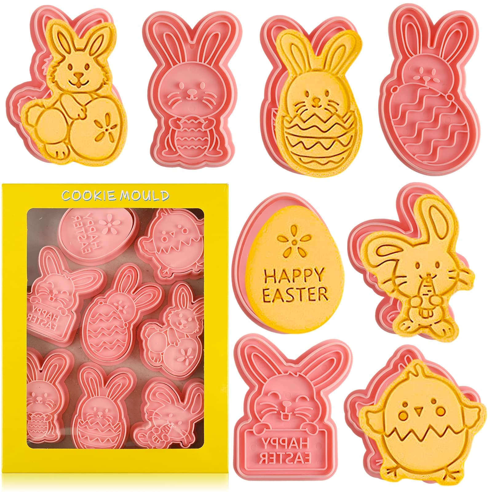 Easter Cookie Cutters Set, 8 Pcs Cookie Cutter with Plunger Stamps, 3D Cookie Stamps for Easter Biscuit Snacks Cheese Baking