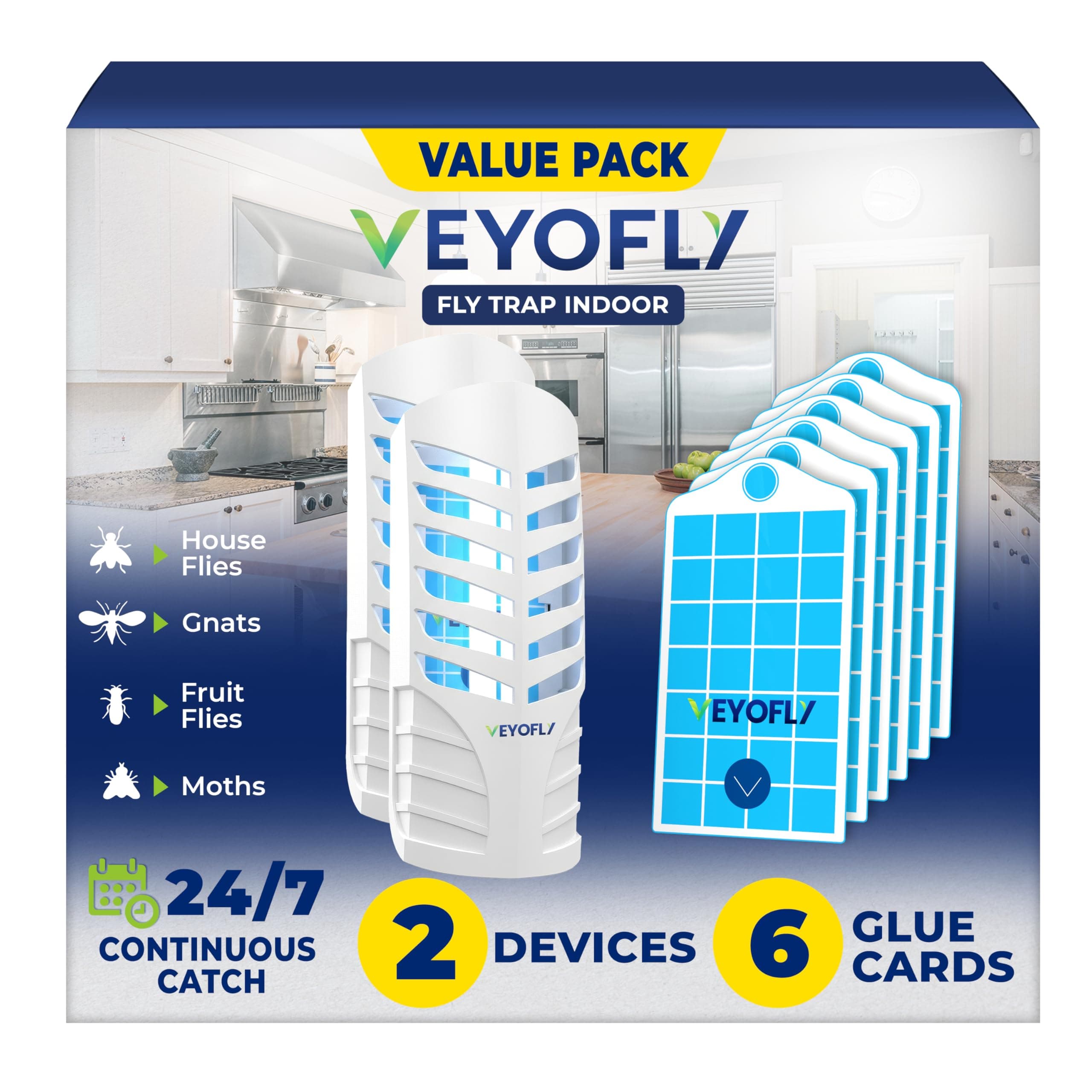 - VEYOFLY Fruit Fly Traps for Indoors, Fly Trap Indoor, (2 Device + 6 Refills) Fly Catcher Indoor, Gnat Traps for House Indoor, Fly Trap, Plug in Light Flying Insect Trap, Bug Killer