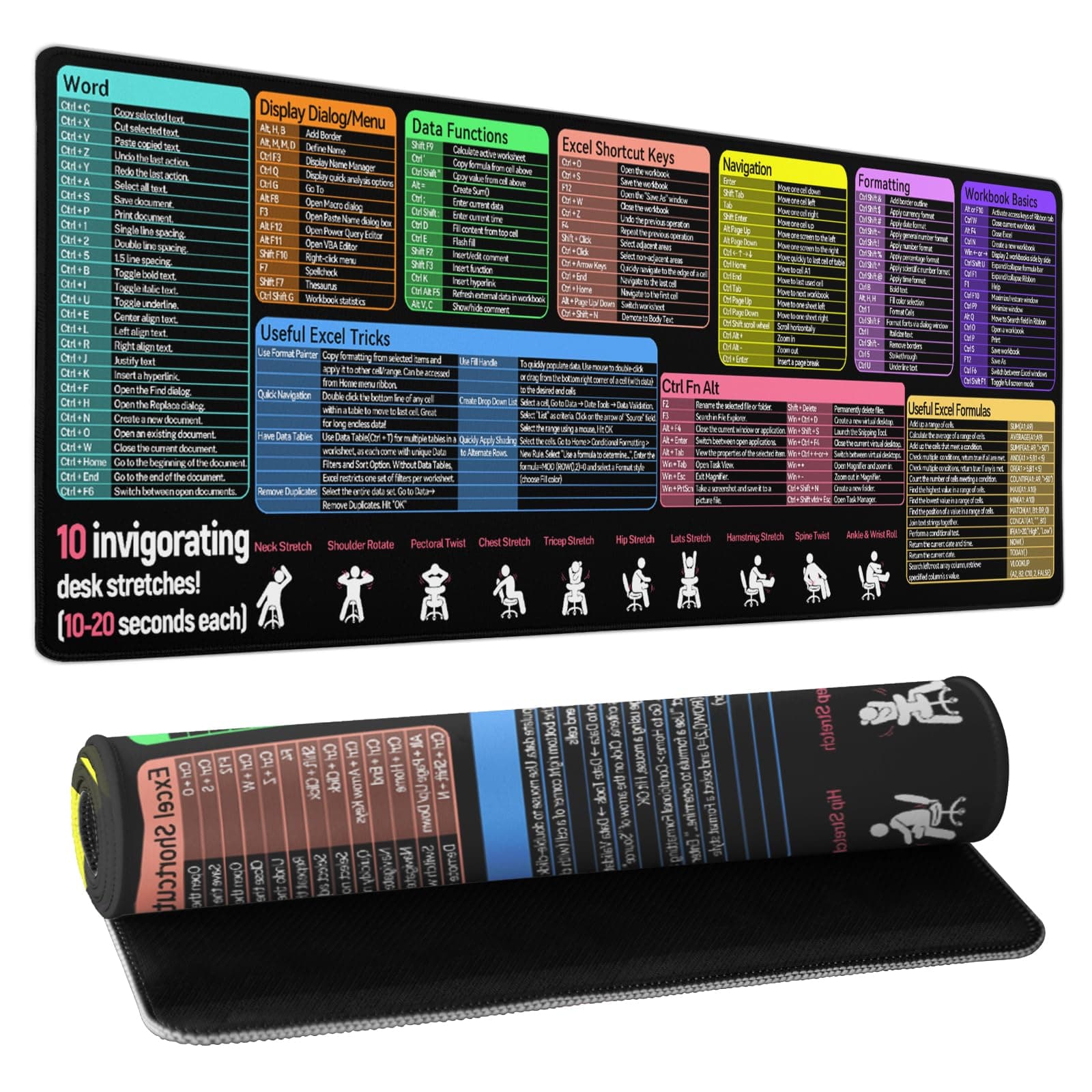Excel Cheat Sheet Desk Pad Excel Shortcut Keys Mouse Pad 31.5x11.8 Inch Extended Large Gaming Desk Mat PC Office Spreadsheet Keyboard Mat wth Non-Slip Stitched Edges Table Accessories for Home Office