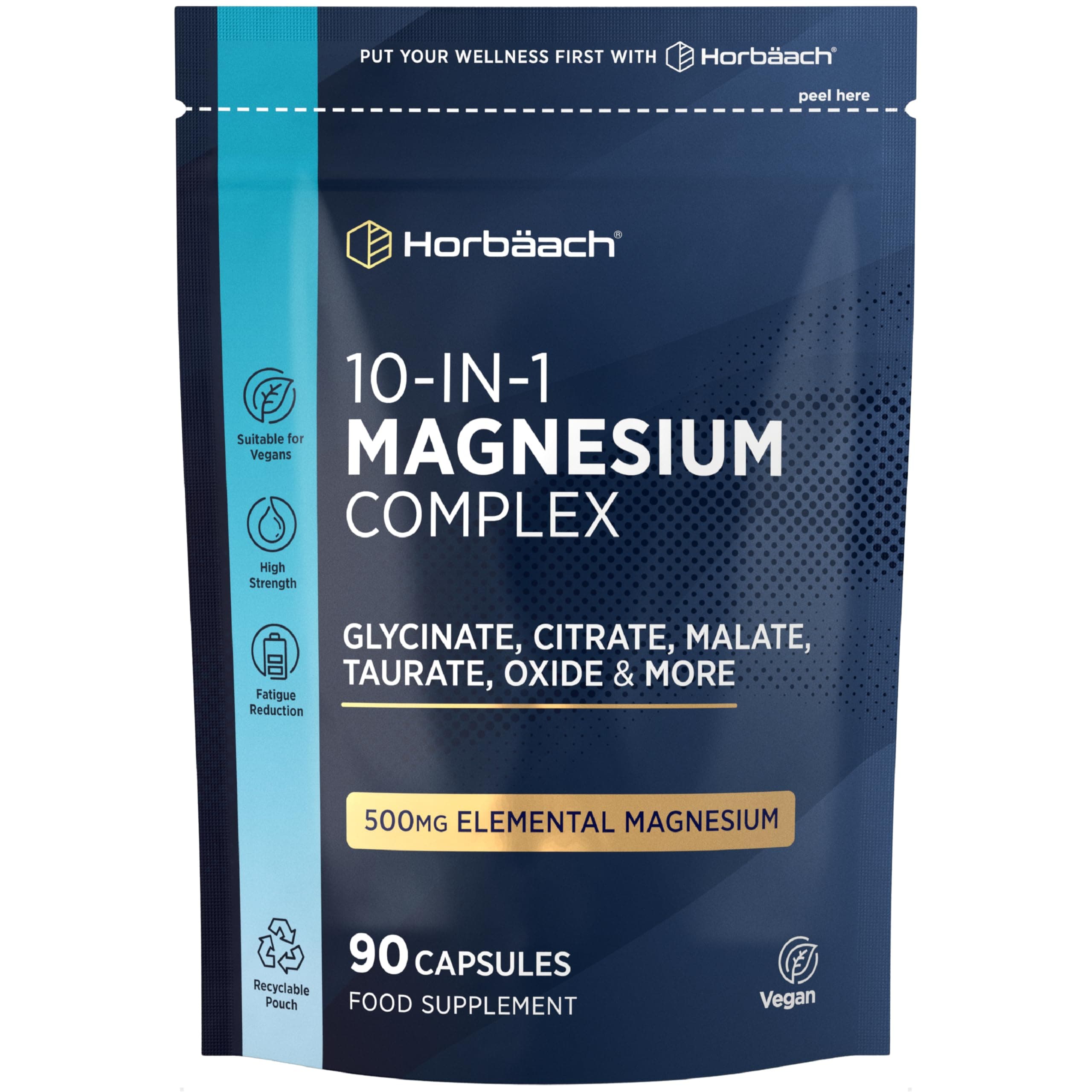 Magnesium Glycinate Complex | 1118mg Magnesium Providing 500mg Elemental | 10-in-1 Complex | Glycinate, Citrate, Malate, Oxide, Taurate & More | 90 Vegan Capsules | by Horbaach