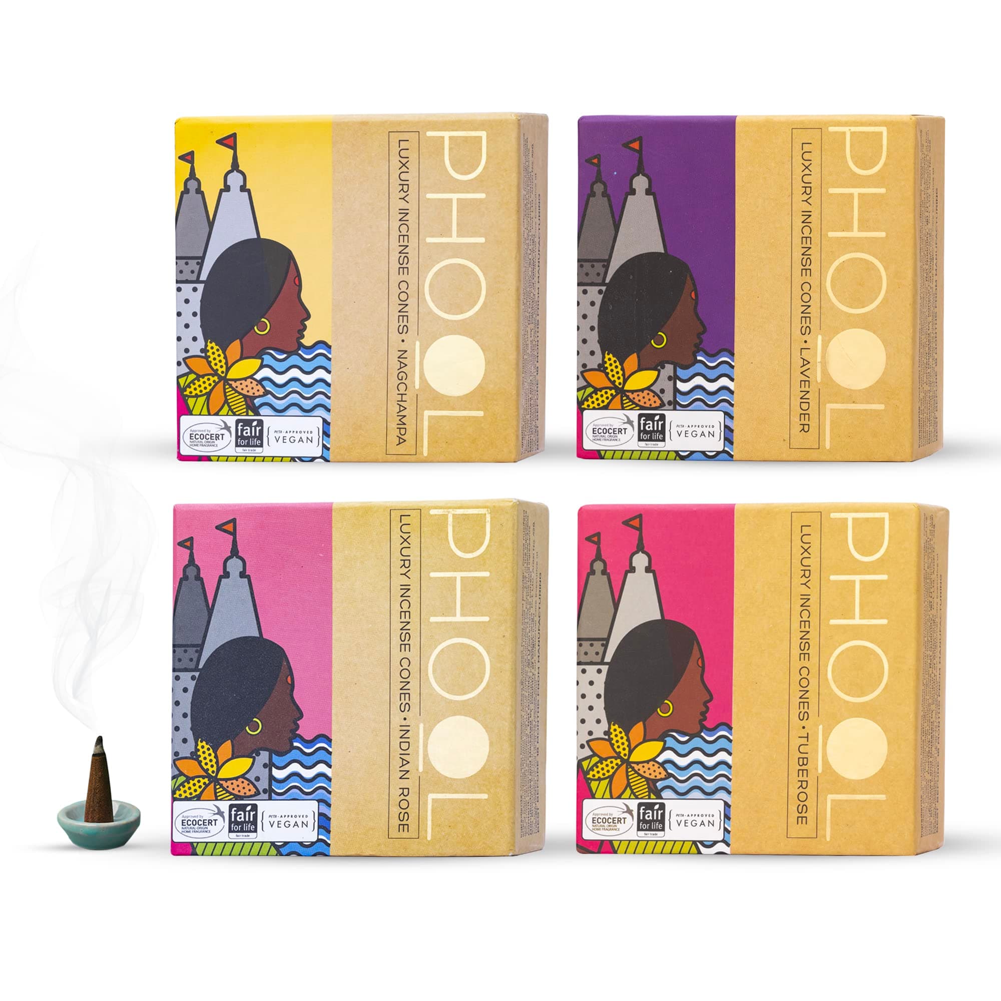 Natural Incense Cones (Bundle Pack of 4) I Special Pack Floral Fragrances - Indian Rose, Tuberose, Lavender, Nagchampa I 100% Organic Dhoop Cones I Chemical & Charcoal Free