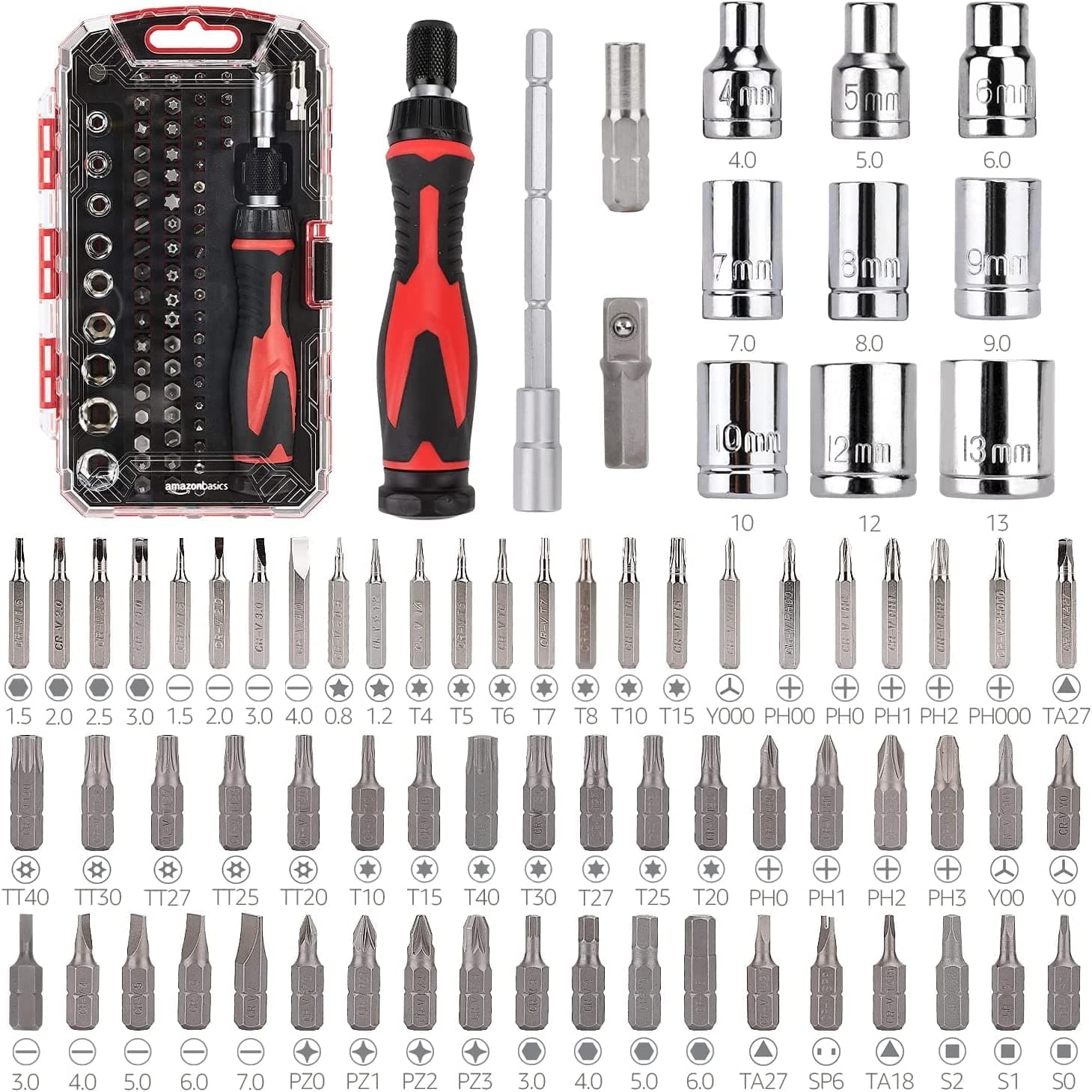 73-Piece Magnetic Ratcheting Wrench and Electronics Precision Screwdriver Set, Black, Red, Silver