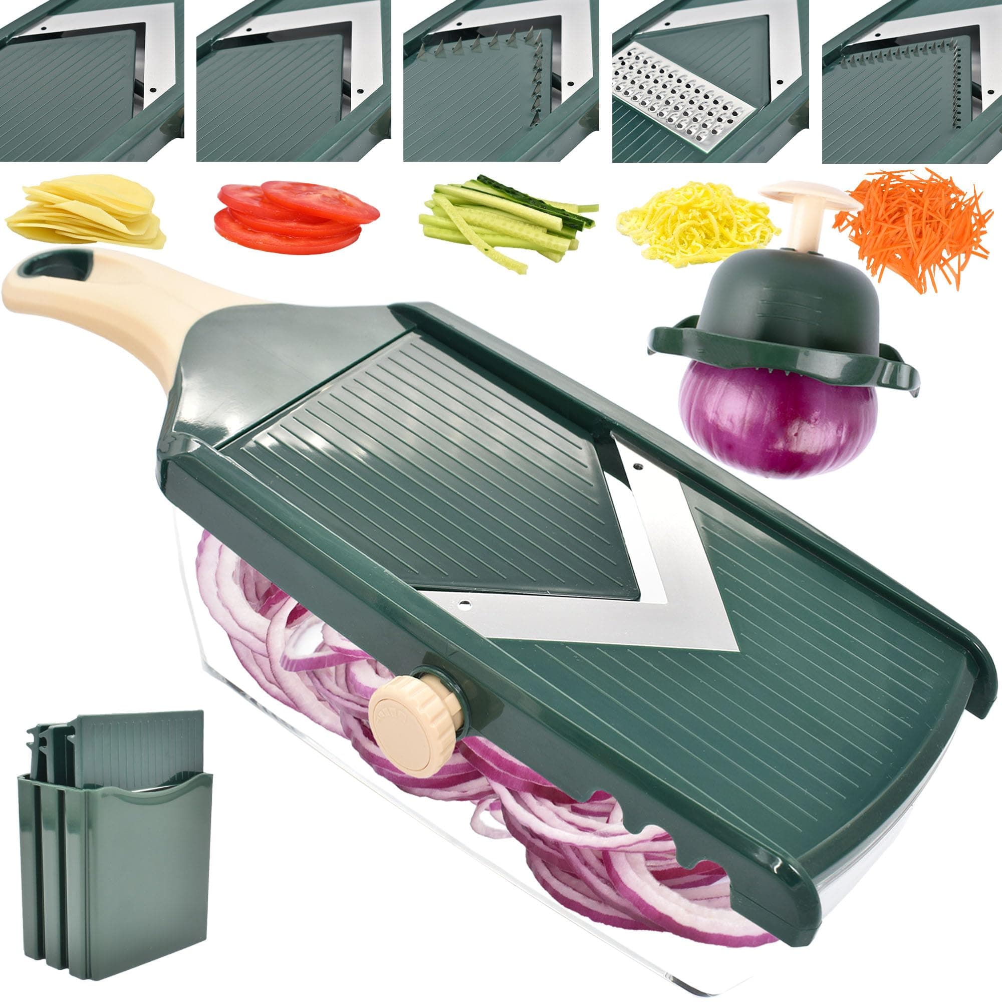 Adjustable Mandoline Slicer for Kitchen - Ultra Sharp V-Blade with Container, Julienning Slicer for Potatoes, Apples, Onions, Tomatoes