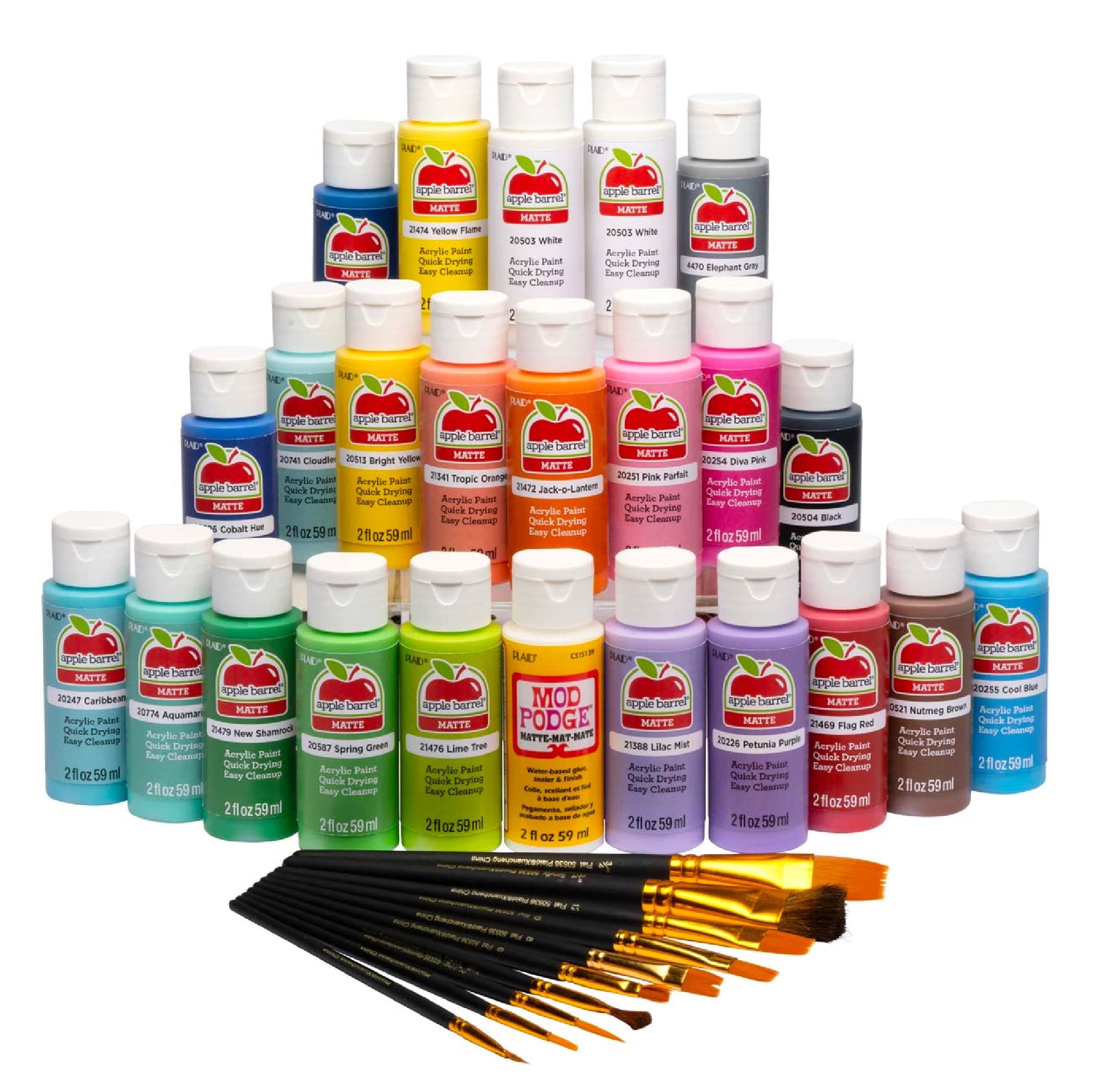 Art Lessons Paint and Brush Set, 34 pc Kit Including 23 2 fl oz Apple Barrel Acrylic Paint Colors, 1 2 fl oz bottle of Mod Podge Matte, 10 FolkArt Brushes, 6 Video Lessons And More