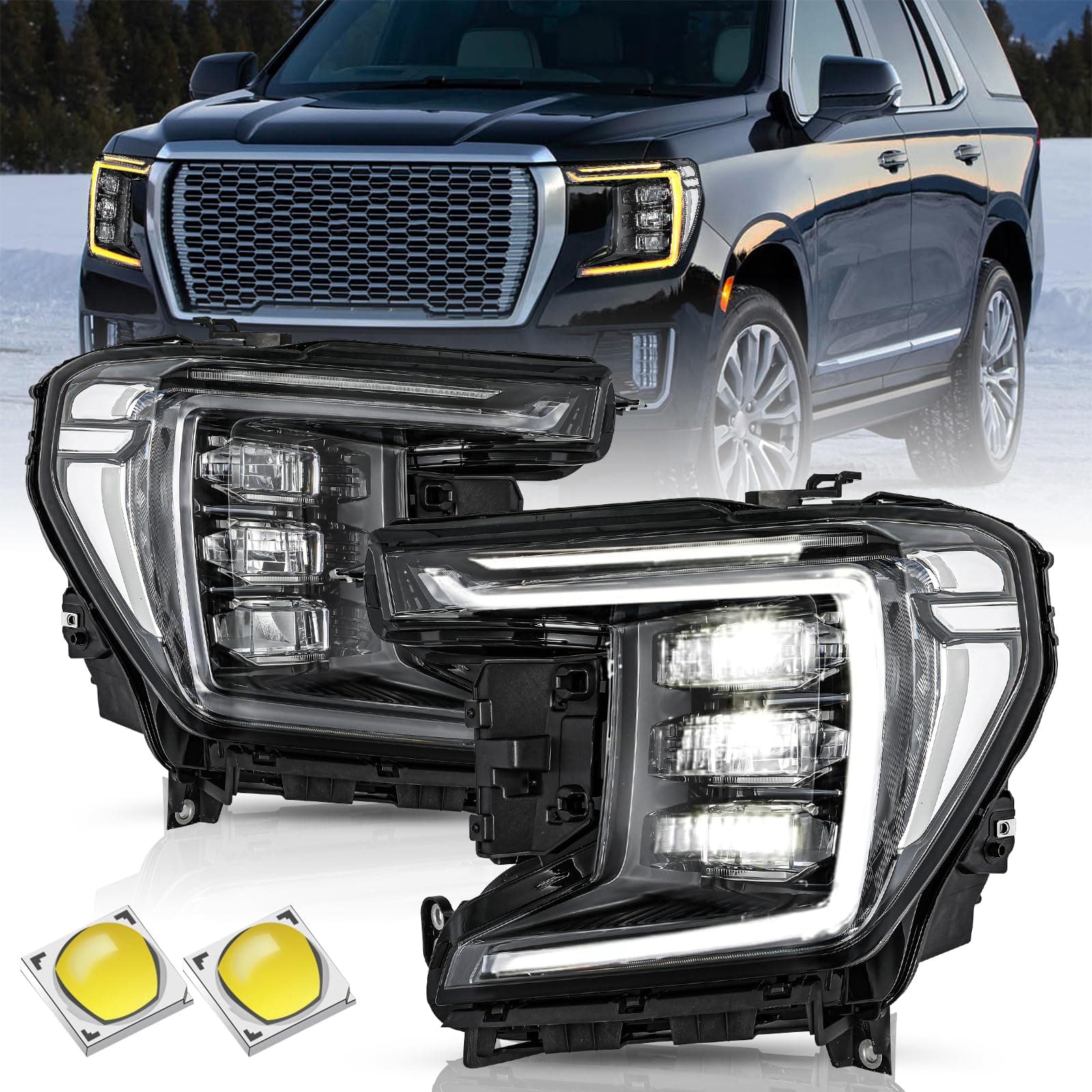 Full LED Headlight Assembly Set for 2021 2022 2023 2024 GMC Yukon/Yukon XL DENALI/AT4 OEM Headlamp Replacement Pair Driver and Passenger Side