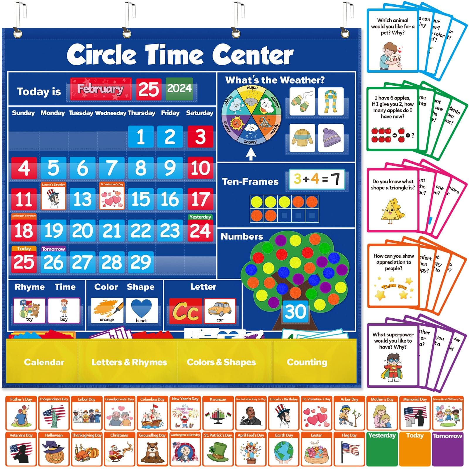 TorlamCircle Learning Time Center Pocket Chart Calendar Set, Educational Pocket Chart Learning Shape, Color Classroom Pocket Chart-Number Pocket Chart Wording Rhyme Pictures Pocket Chart