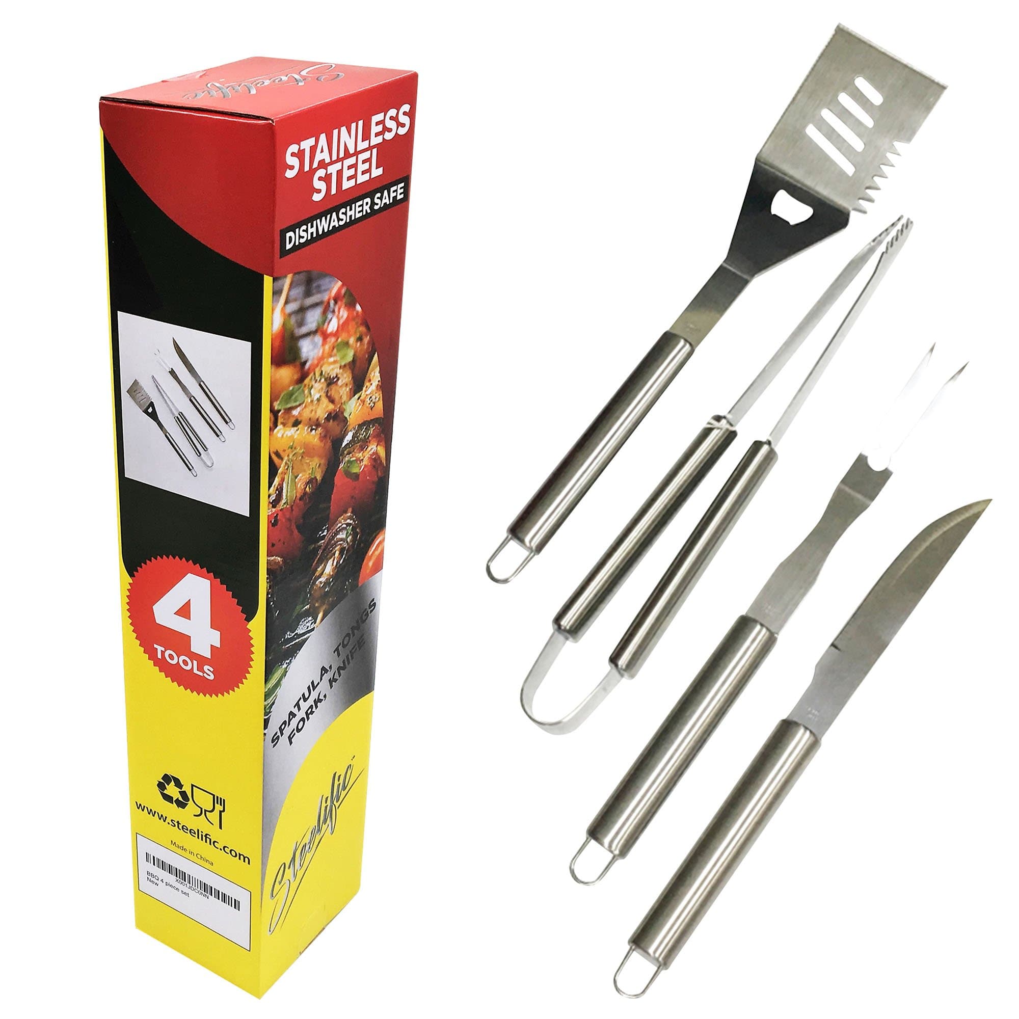 BBQ Tools Starter Set - Stainless Steel - 4 Pieces (Knife, Fork, Tongs & Spatula) - Large Heavy Duty Grilling Accessories fit for Gas, Charcoal, Electric Grills, Camping & Tailgating