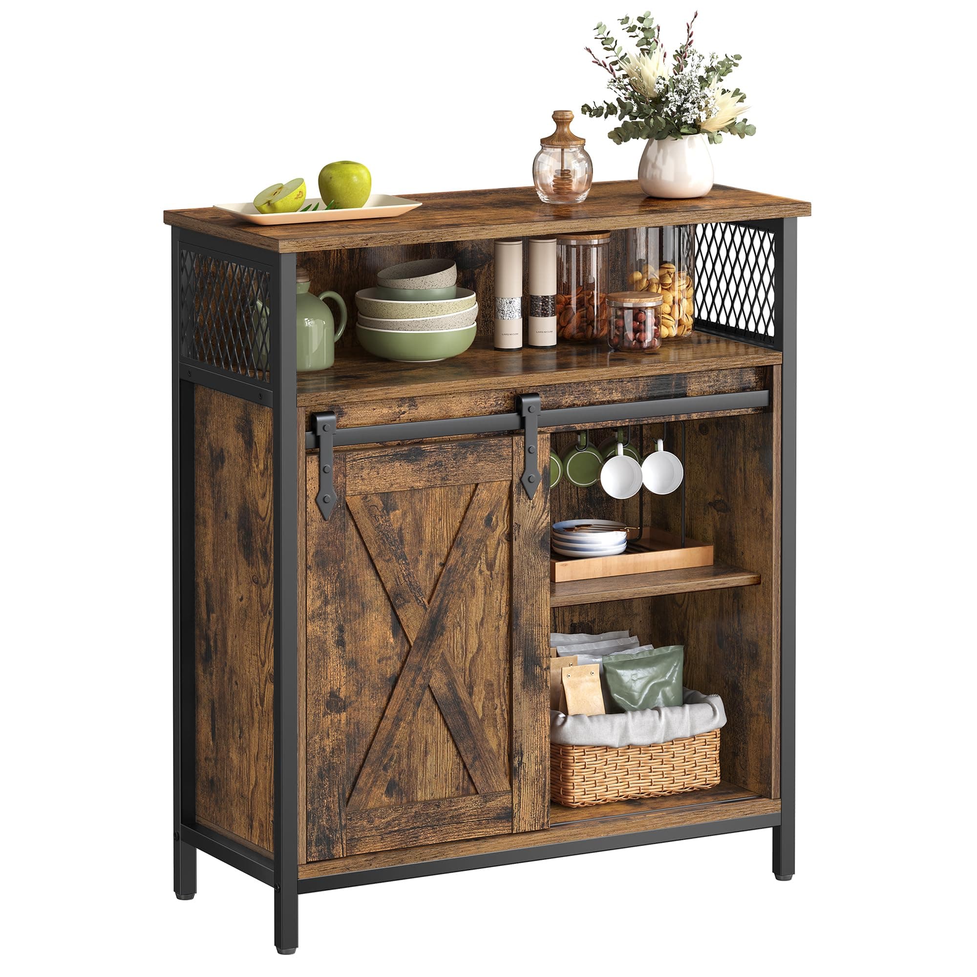VASAGLE Storage Cabinet, Sideboard, with Sliding Barn Door, Open Compartment, Adjustable Shelf, Industrial Style, for Entryway, Living Room, Kitchen, Office, Rustic Brown and Black LSC089B01