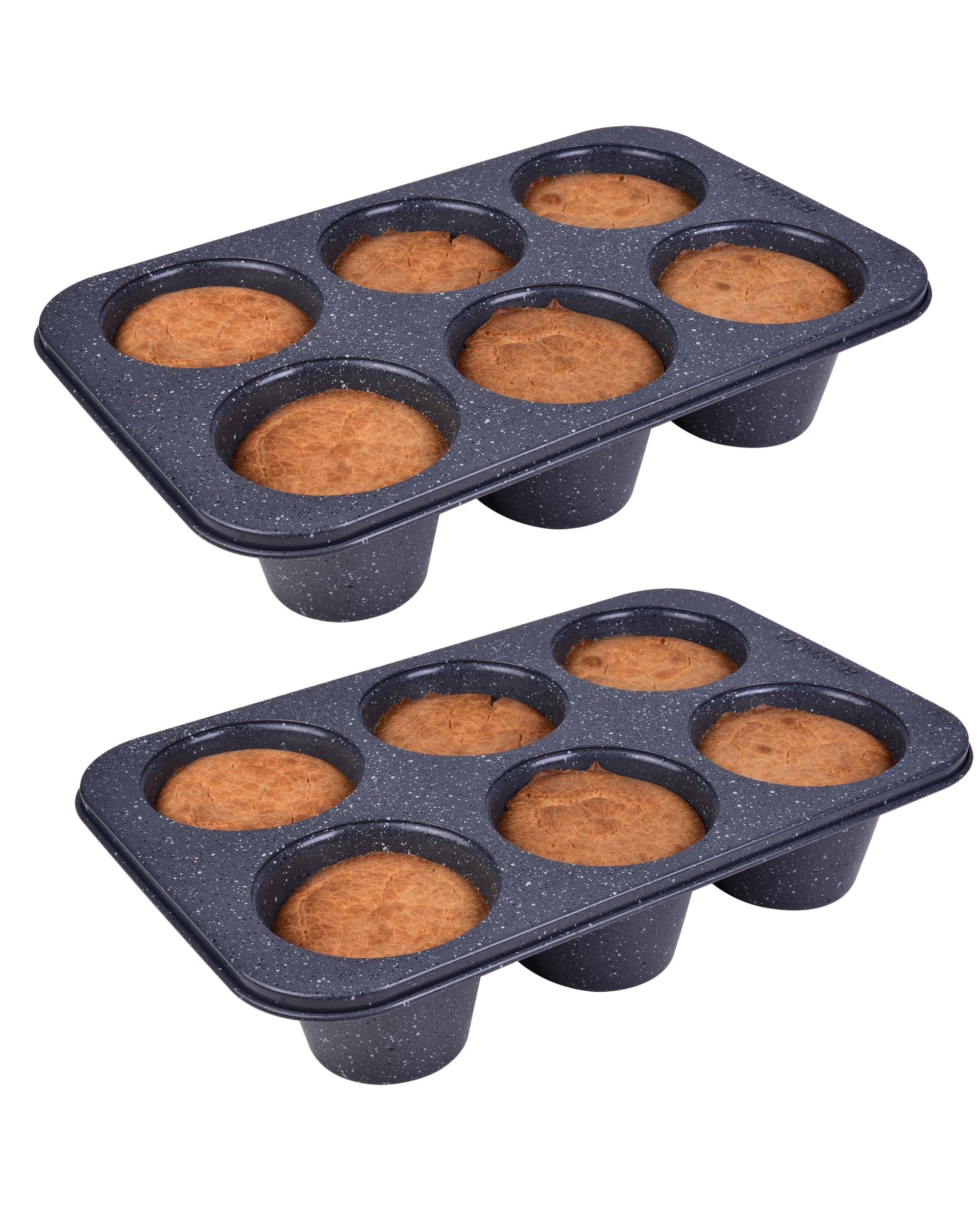 2pcs Jumbo Deep Muffin Pan - 6-Cavity Baking Tray, 3.5x3 Inch Cups - Carbon Steel - Black Granite Stone Finish - Extra Large Cupcake Tins for Baking (2 deep muffin)