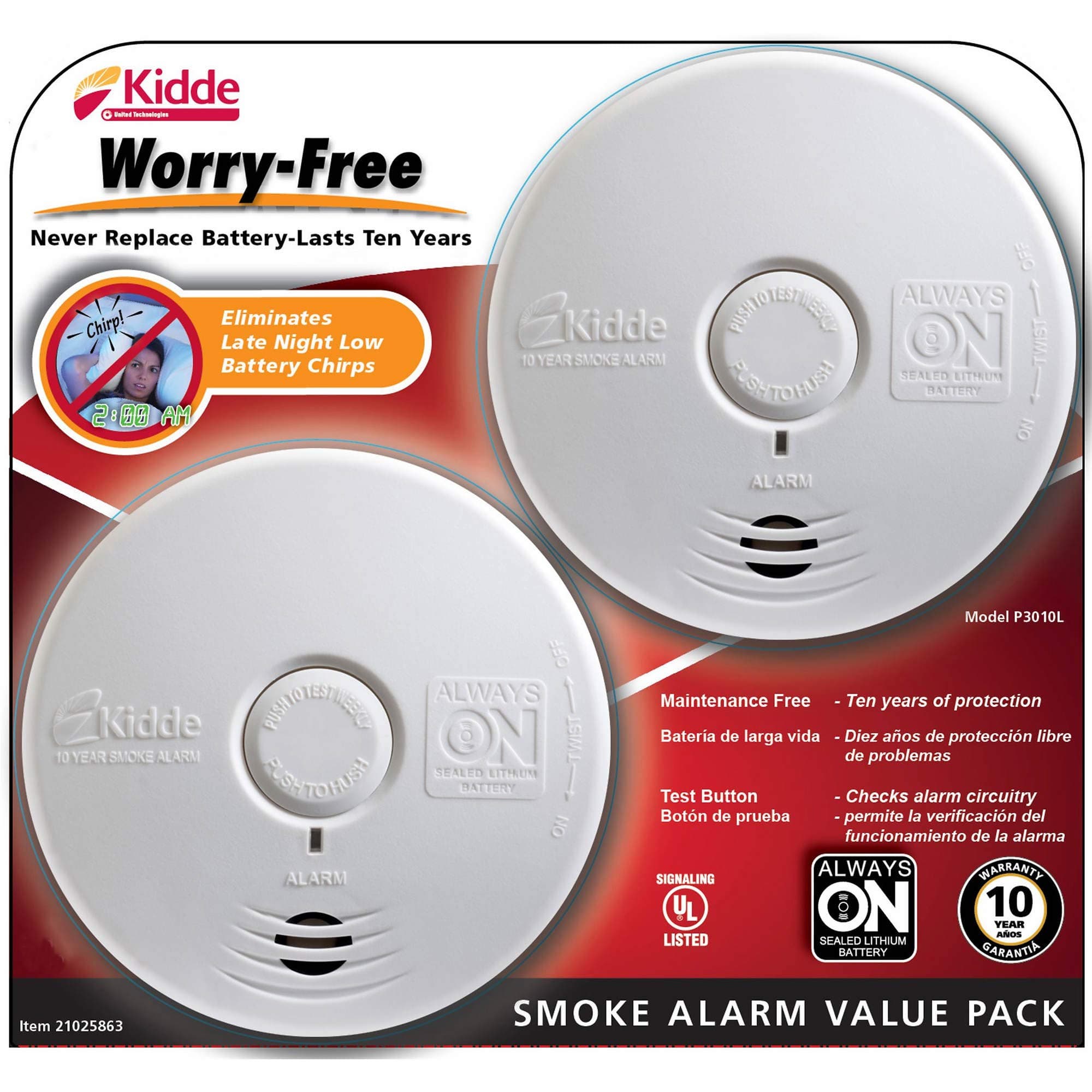 - Kidde Worry-Free Smoke Alarm, 2 pk.