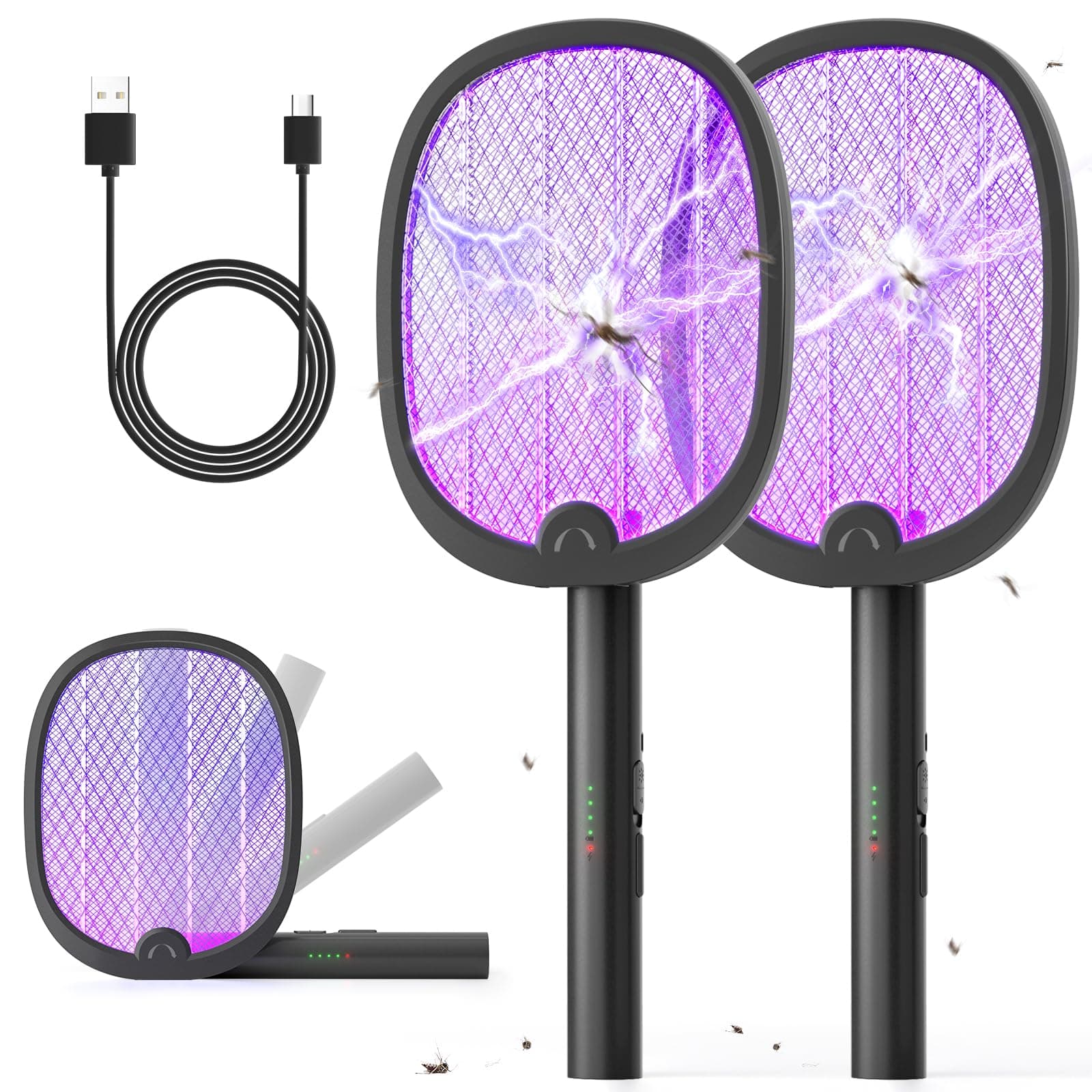 YISSVIC Electric Fly Swatter Foldable Bug Zapper Racket 2 in 1 Mosquito Killer with Purple Attractant Light Rechargeable 1800mAh for Indoor Home Backyard Patio Camping