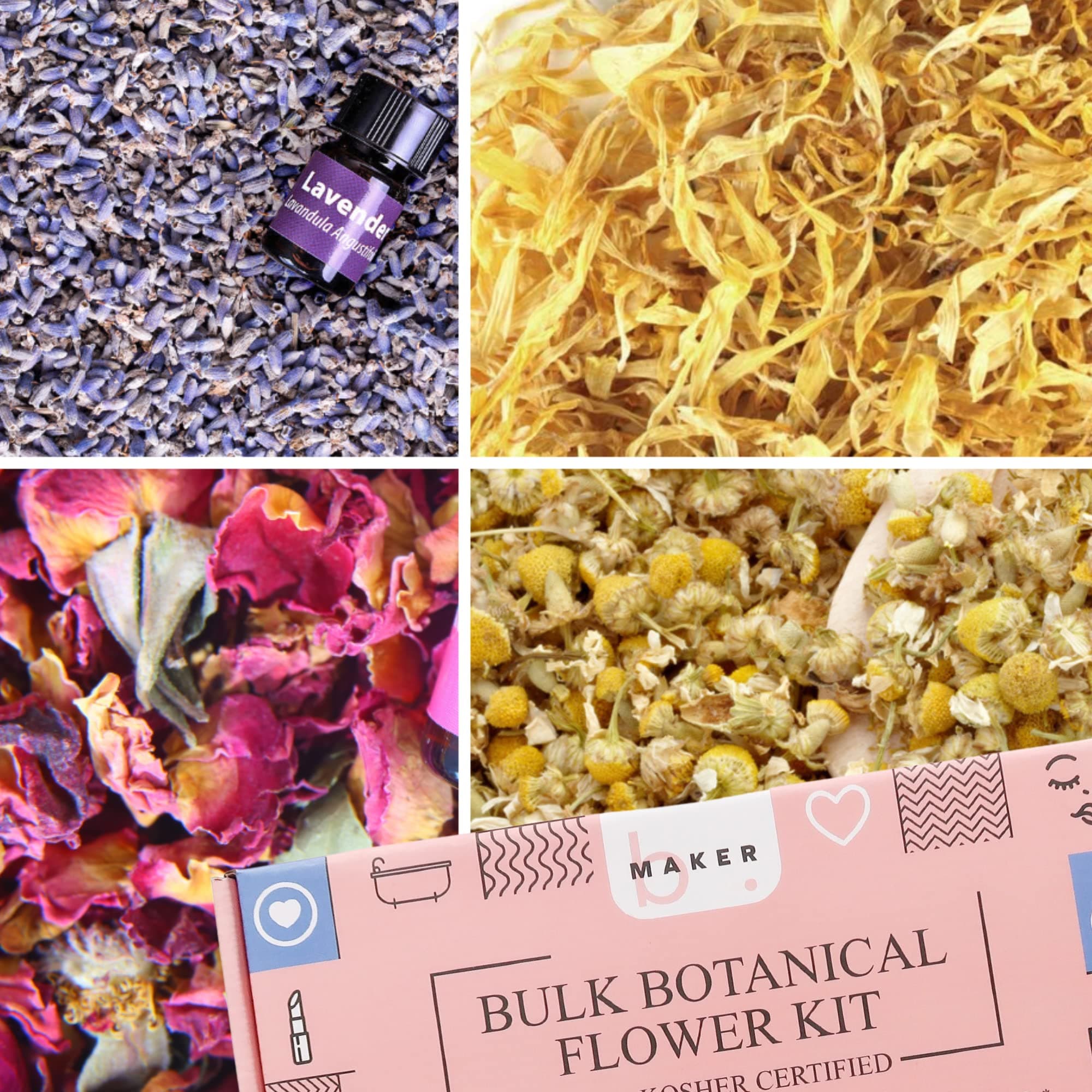 bMAKER Bulk Flower Kit Chamomile - Ultra Blue Lavender, Red Rose Buds & Petals, Marigold - 2 Cup Each Packet- Included Lavender Essential Oil