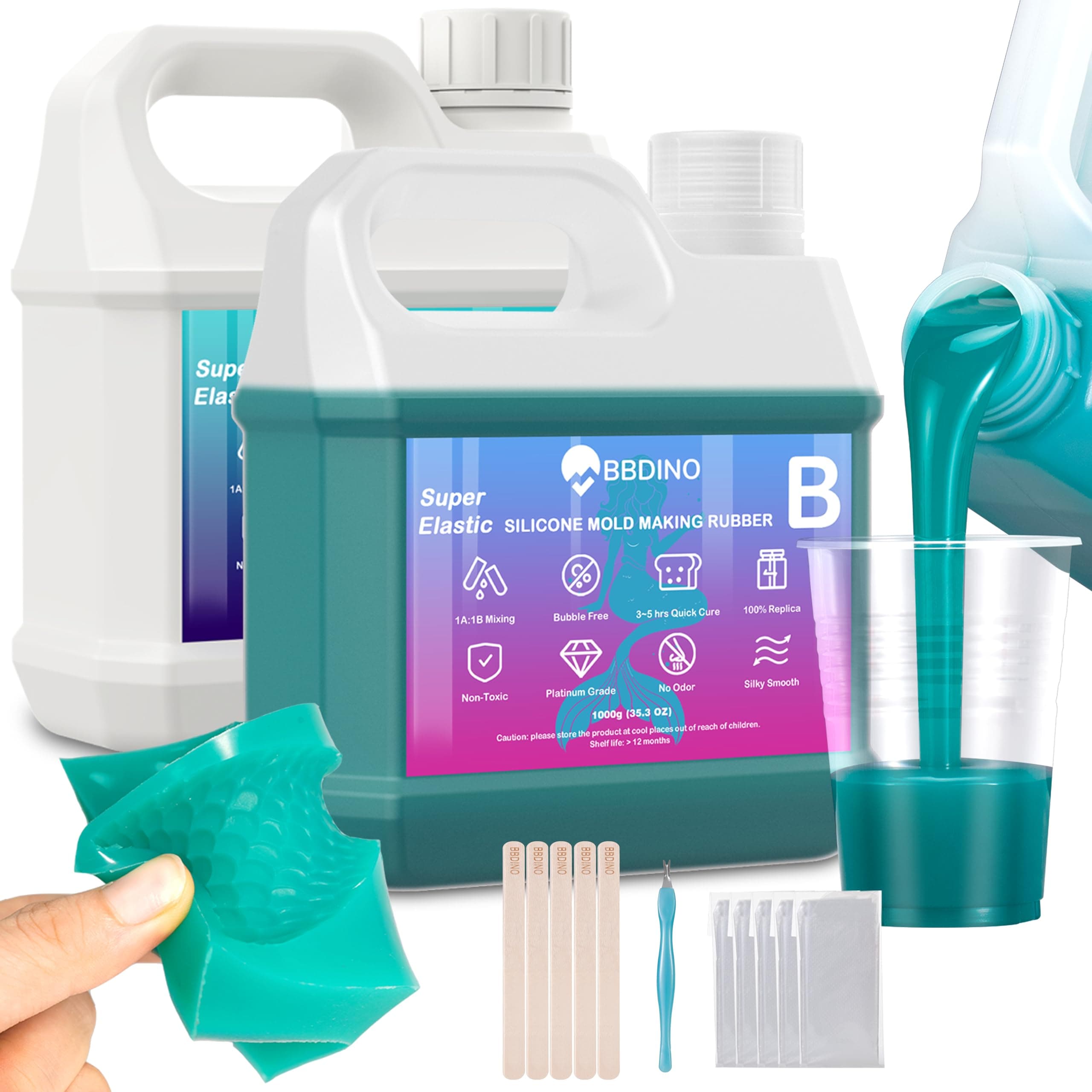 BBDINO Super Elastic Silicone Mold Making Kit, Liquid Silicone for Mold Making, Silicone Rubber Mold Making Kit 1:1 By Volume Ideal for Casting 3D Resins Molds| Silicone Molds N.W. 70.56 Oz Jade Green