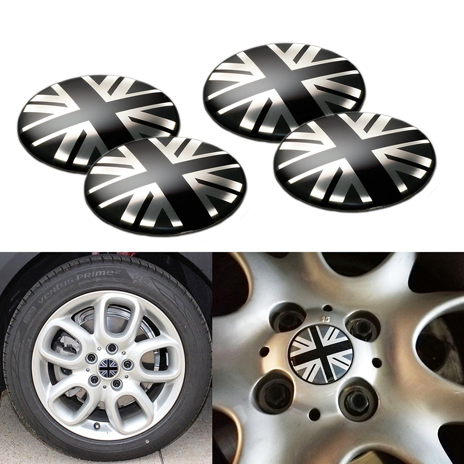 x xotic tech 4X Union Jack UK Flag Style Wheel Center Cap Covers Compatible with Mini Coopers R50 R51 R52 R53 R55 R56 R57 R58 R59 R60 R61 F55 F56, etc (Black/Grey)