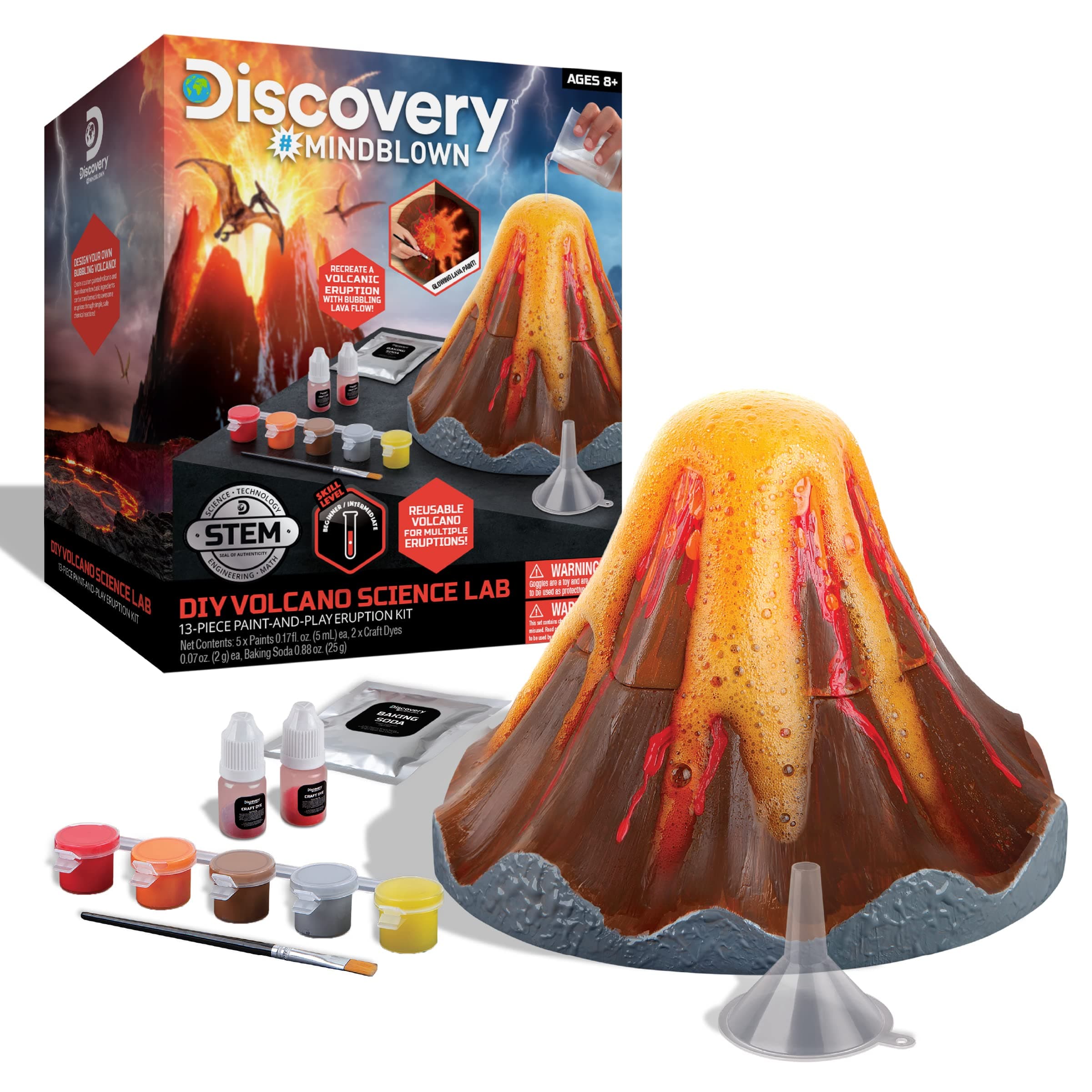Discovery #Mindblown DIY Volcano Science Lab, Reusable Volcano Kit, Glow-in-The-Dark Lava Paint, Science at Home, 13-Piece, Age 8+