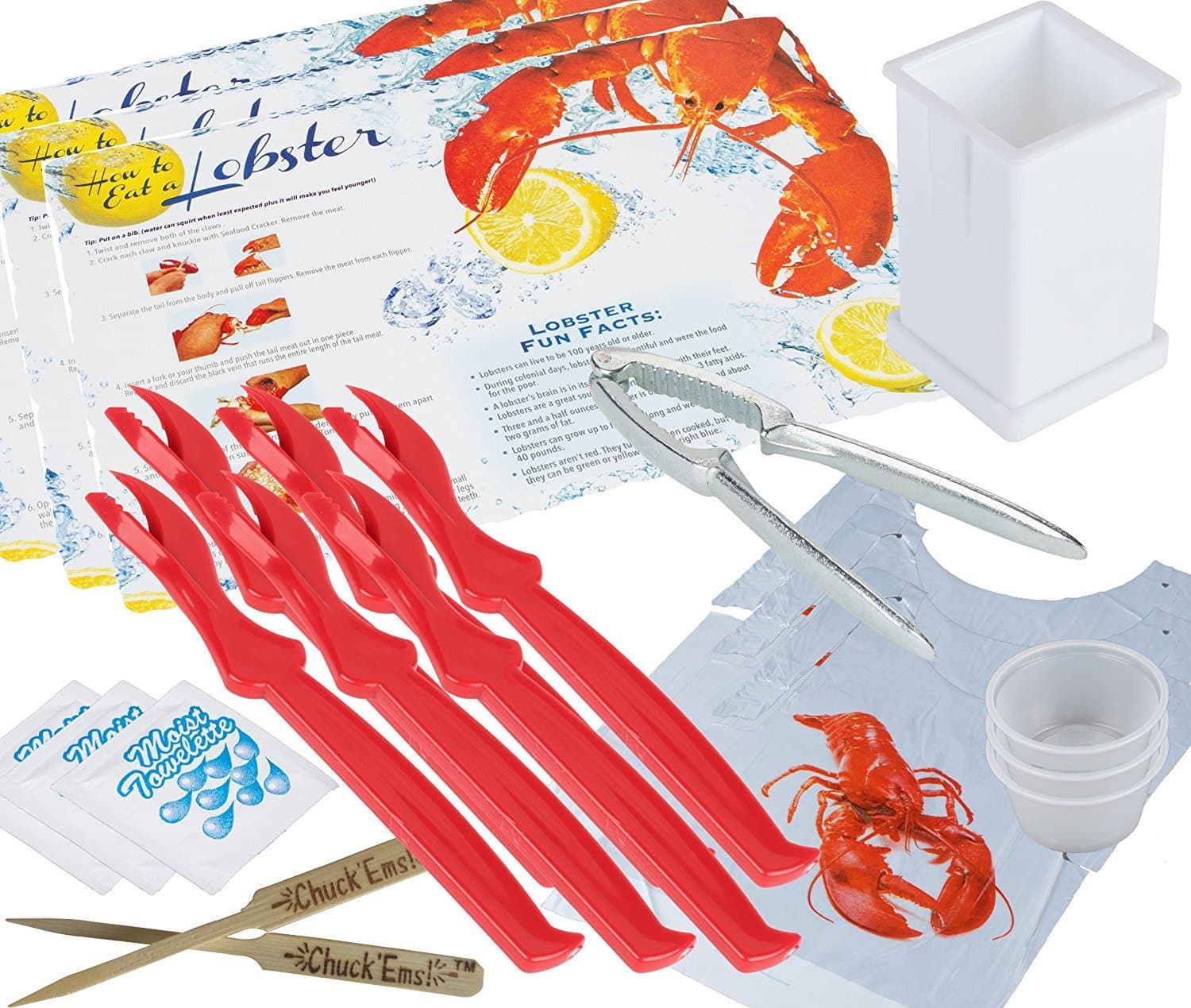 Lobster Bake Party 6 Pack - Seafood Pick Sheller, Claw Cracker, Corn Cob Holder, Butter Spreader, Dipping Cup, Lobster Bib