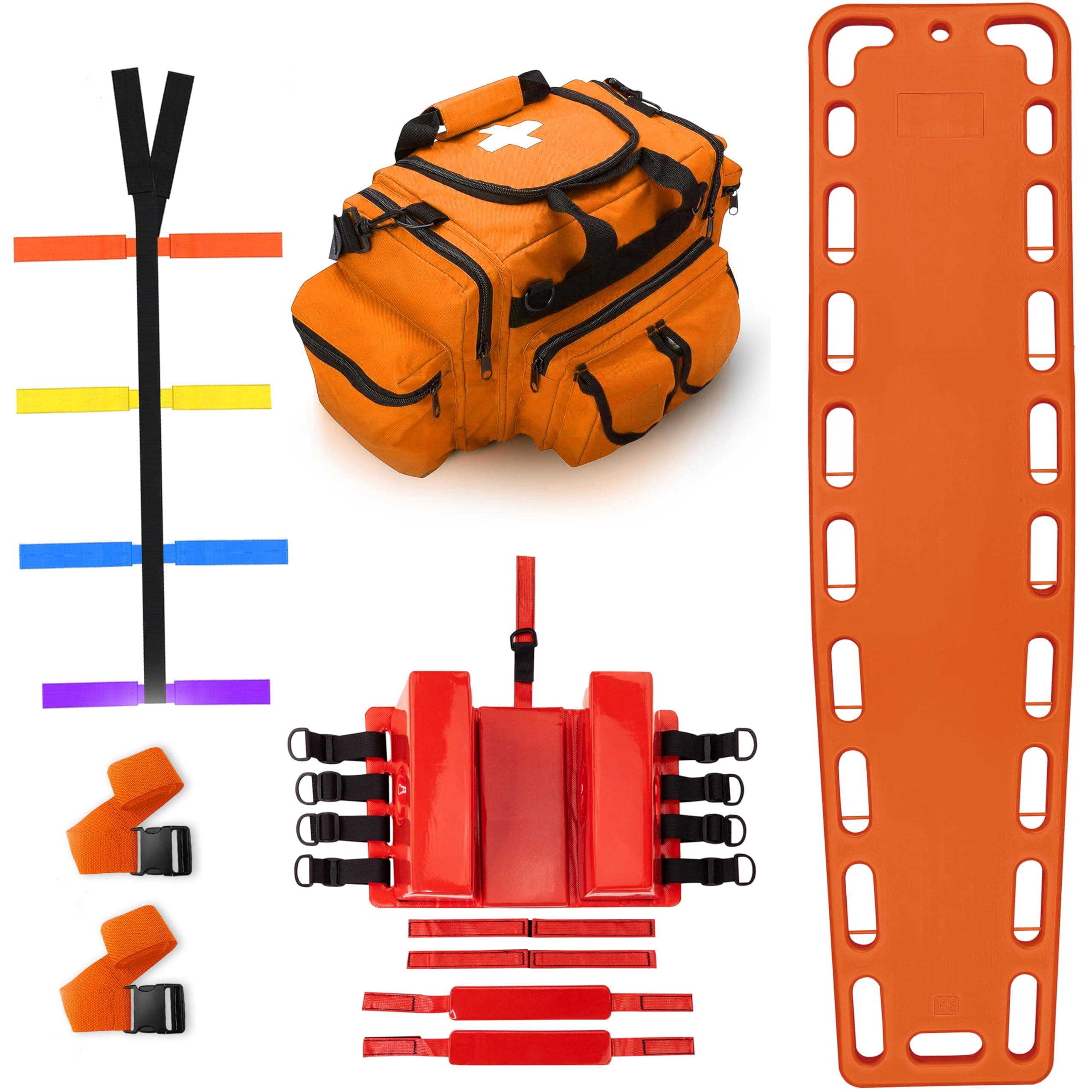 Rescue Kit Comprehensive Emergency Support with Spine Board, Head Immobilizer, Trauma Bag & 10-Point Strap - Durable, Lightweight for First Responders, Orange