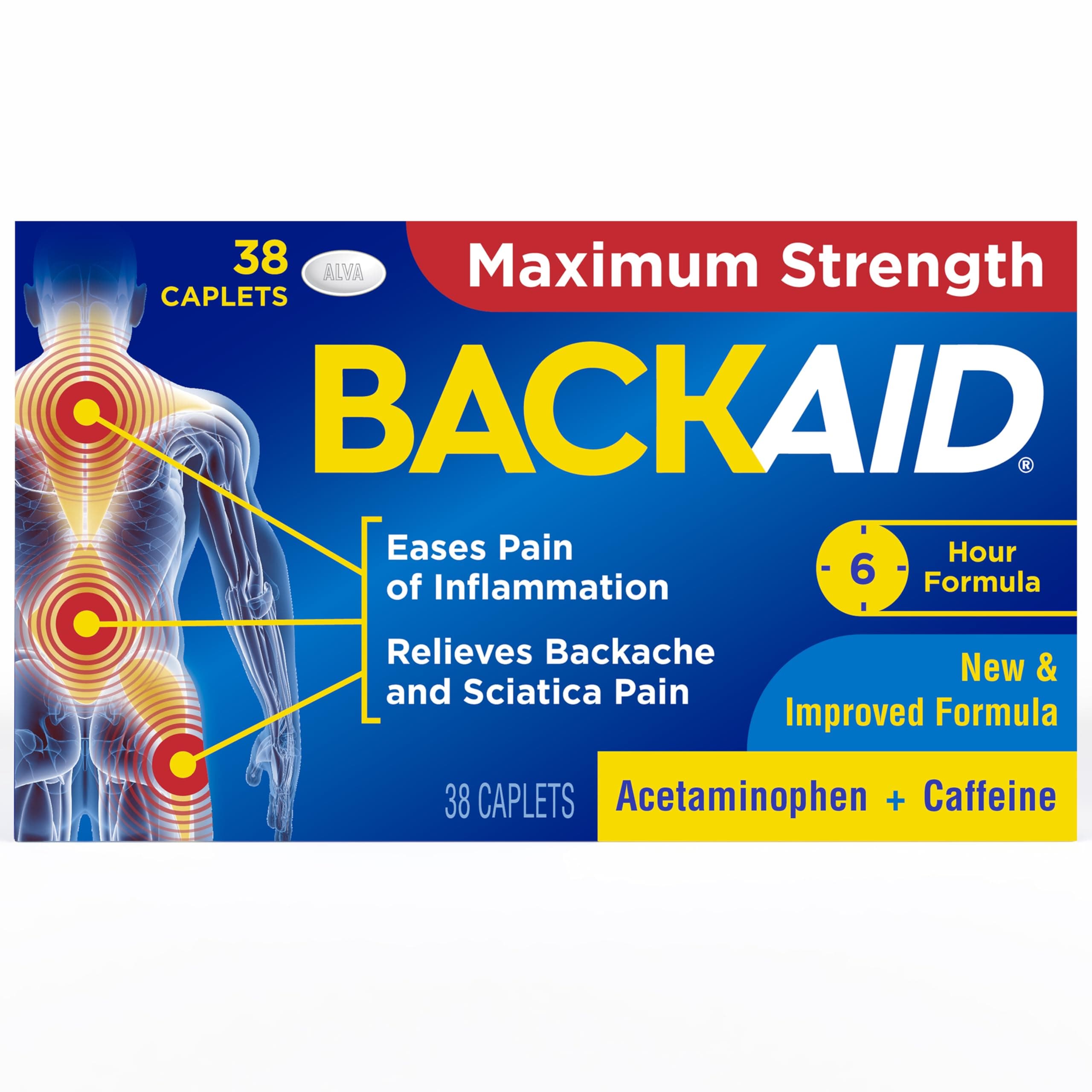 Backaid Maximum Strength Aspirin-Free Pain Relief from Backache, Sciatica and Leg Pain, Powerful Combination, Long-Lasting 6 Hour Formula, 38 Count