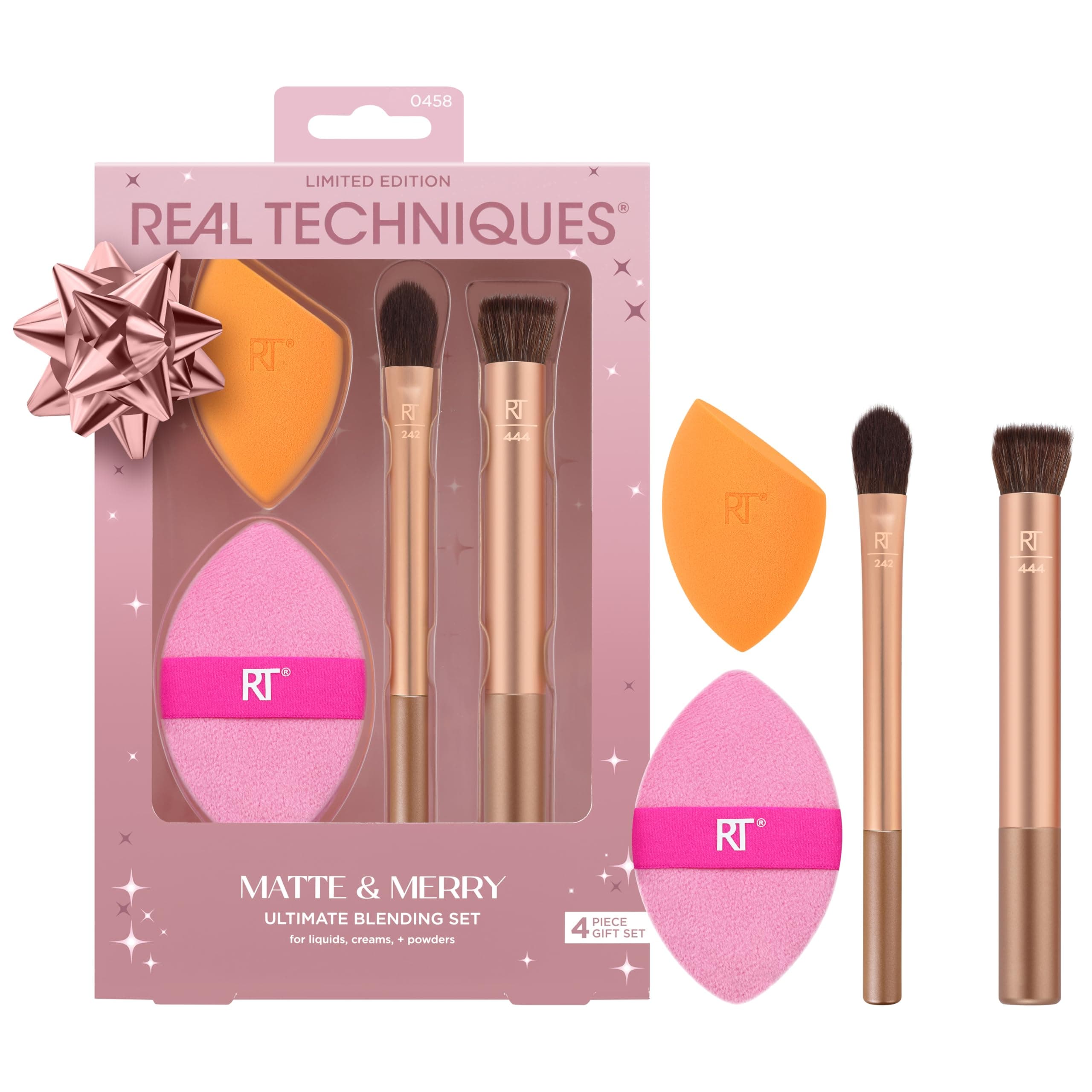 Matte & Merry Ultimate Blending 4 Piece Holiday Gift Set, Foundation Makeup Sponge, Dual-Sided Powder Puff, & 2 Makeup Brushes, Kitten Paw Brush, Limited Edition, Latex-Free Foam