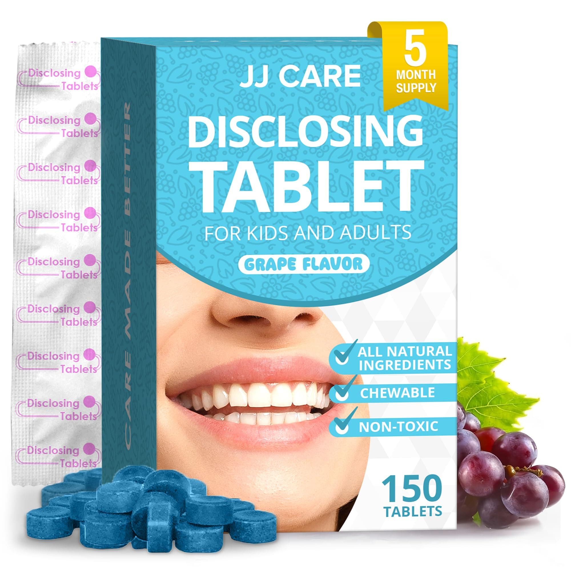 Plaque Disclosing Tablets for Teeth - 150 Count, Individually Wrapped Plaque Disclosing Tablets for Kids Brushing Teeth, Grape Flavored Plaque Remover, Dental Care for Brushing