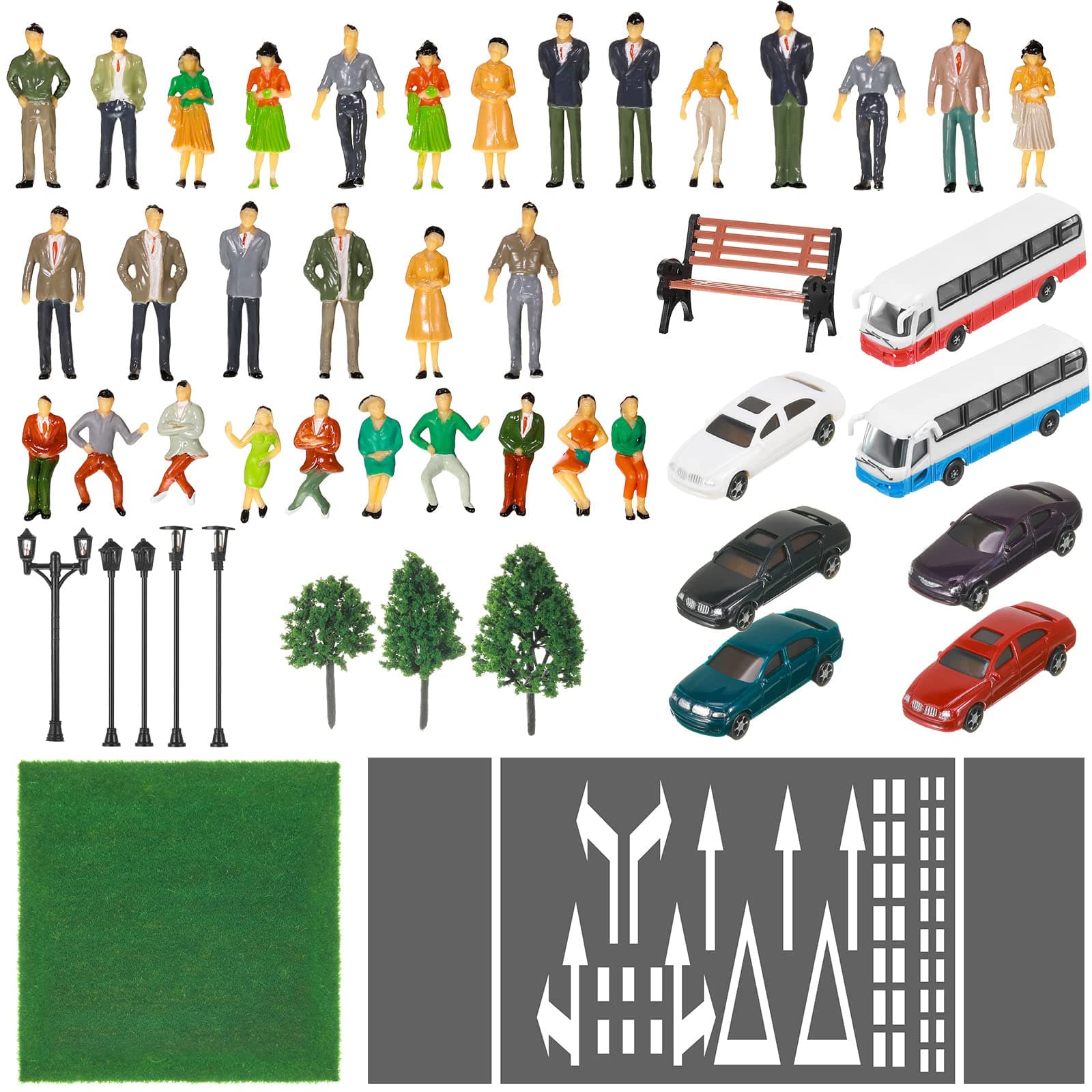 64 Pcs Model Train Scenery Accessories 1: 50 Scale Painted Figures Miniature People Figurines Mini Architectural Model Cars Trees Lamps Bench Lawn for Micro Scene Projects